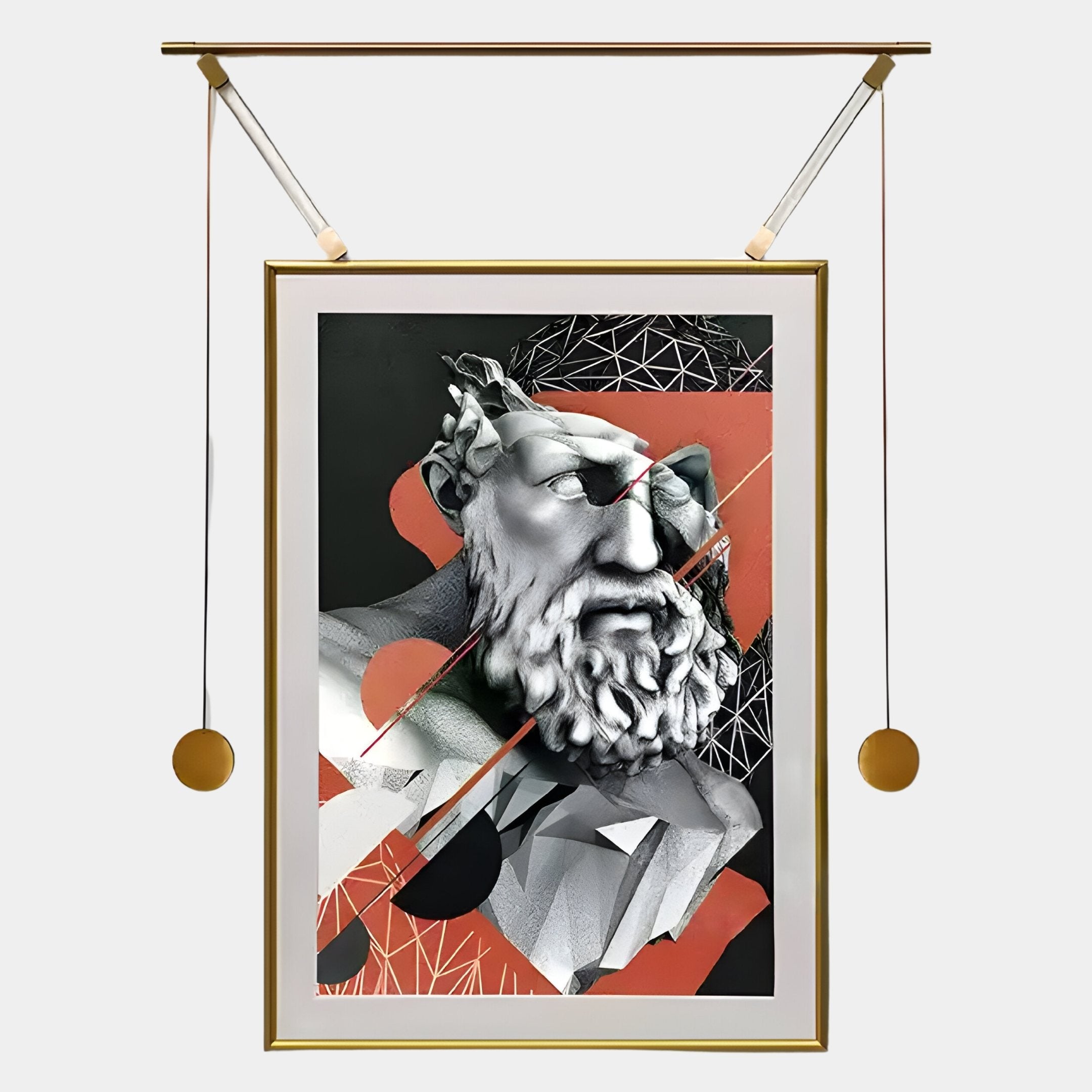Eterna Classics Renaissance Portrait Golden Frame Wall Art by Giant Sculptures features an abstract Greco-Roman bust with geometric shapes and orange accents in a modern gold frame, blending history and contemporary style.