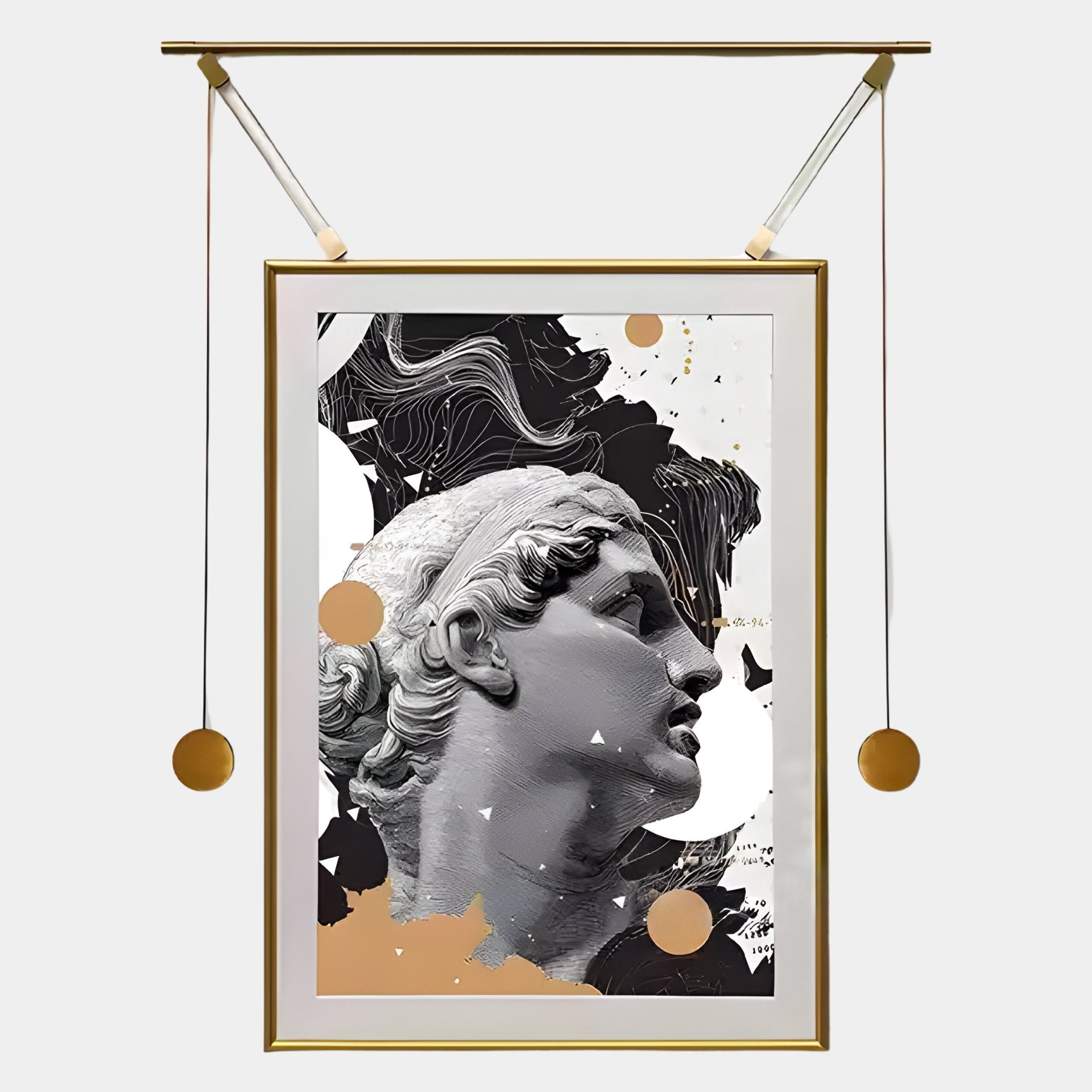 The Eterna Classics David Replica Portrait Golden Frame Wall Art by Giant Sculptures features a Greek statue head in profile, accented with abstract black, white, and gold shapes in a gold frame suspended by rod-and-weight hardware.