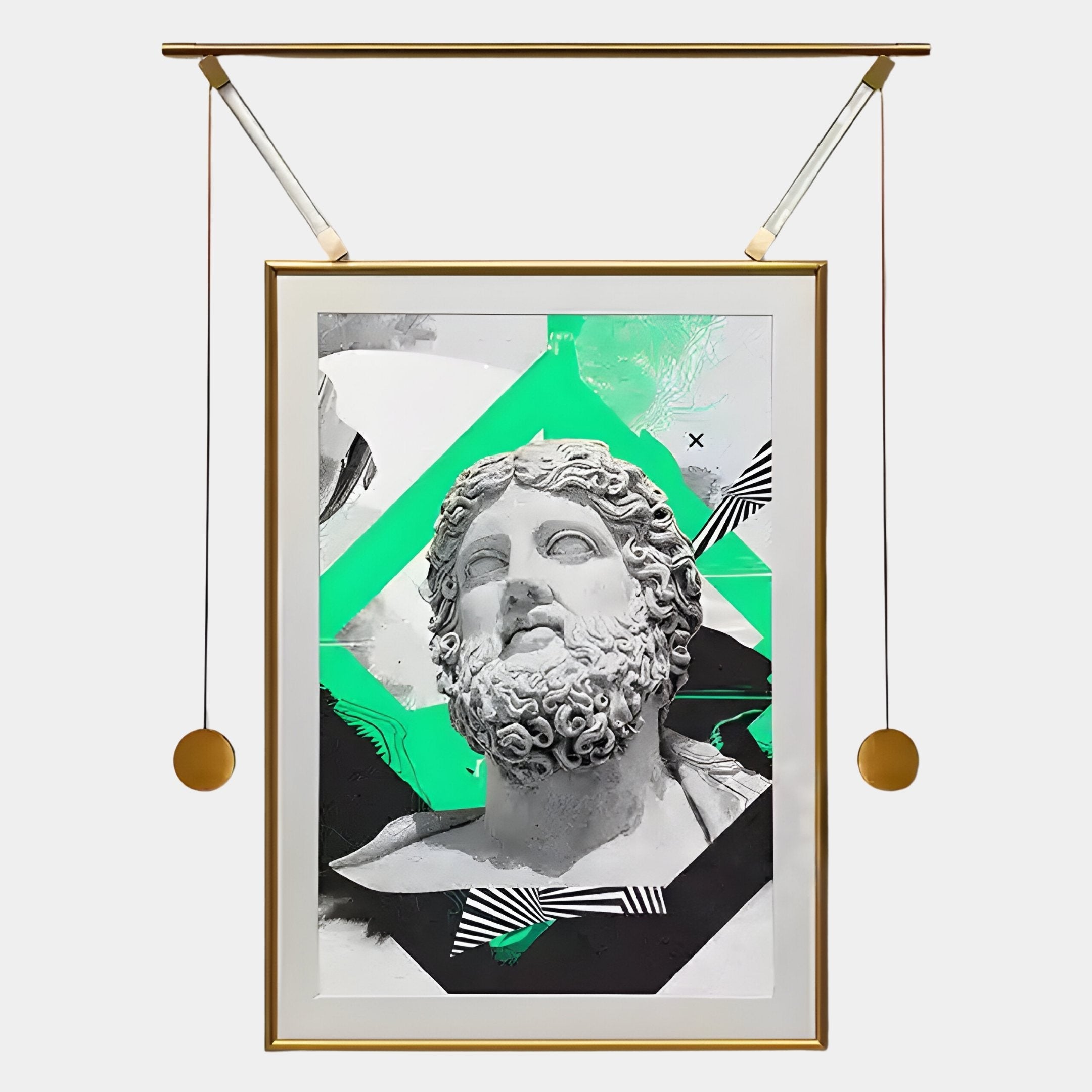 The Eterna Classics Zeus Replica Portrait Golden Frame Wall Art by Giant Sculptures features a bearded statue head with geometric shapes and vivid green accents, hanging from a gold rod—contemporary charm on a plain white backdrop.