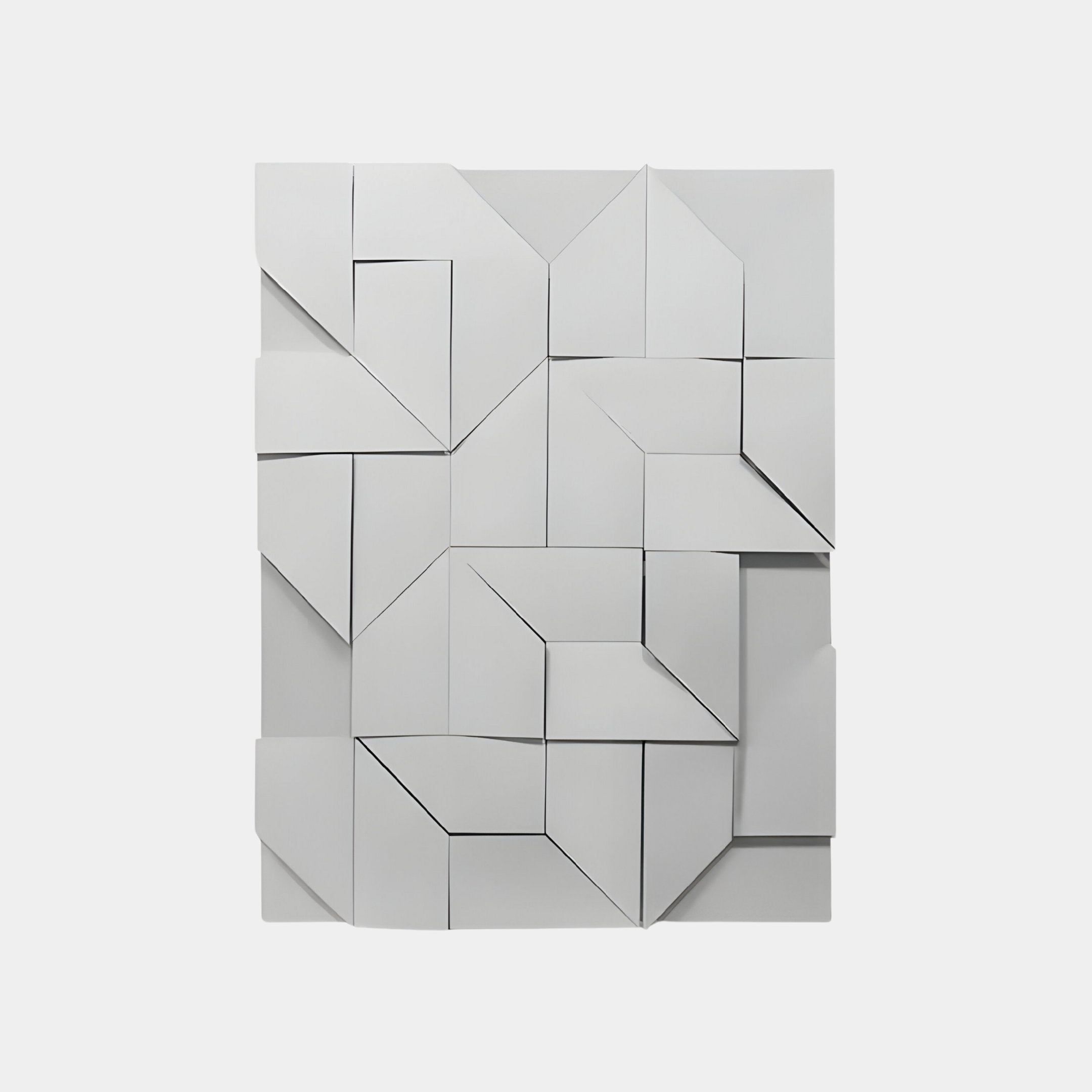 The Prisma White Geometric Panel 3D Wall Art by Giant Sculptures features modern elegance with interlocking rectangles and triangles on a light gray background, creating depth and complexity in an abstract geometric grid design.