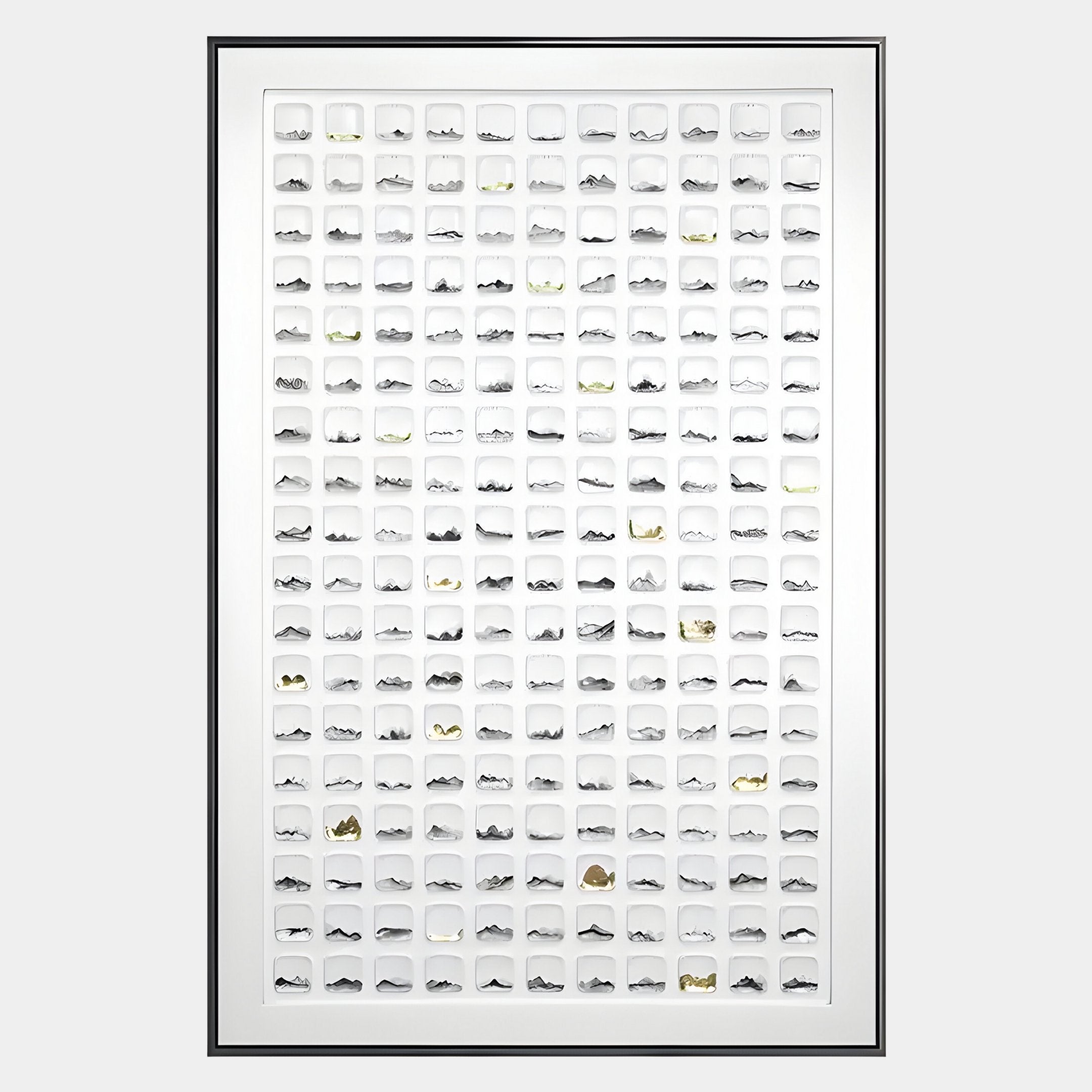 The Luneve 3D Ceramic Wall Art by Giant Sculptures features a grid of minimalist, hand-painted landscapes in black and gray, each enhanced with gold accents and set within a sleek metal border.