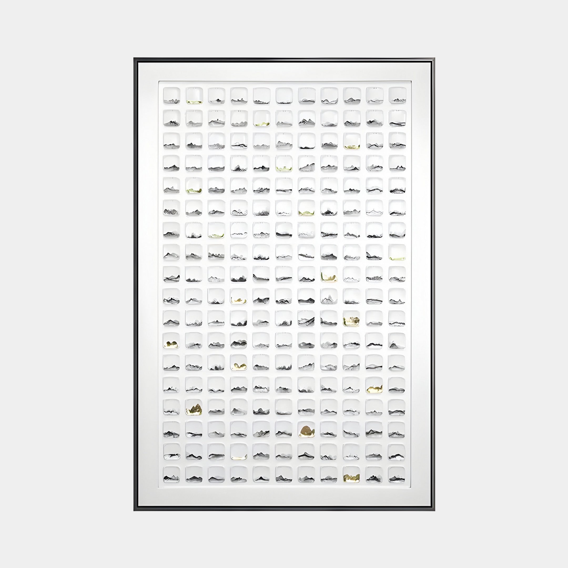 The Luneve 3D Ceramic Wall Art by Giant Sculptures features a grid of 100 minimalist white sneaker illustrations with subtle design variations and gold foil accents, all neatly displayed against a white background with a metal border.