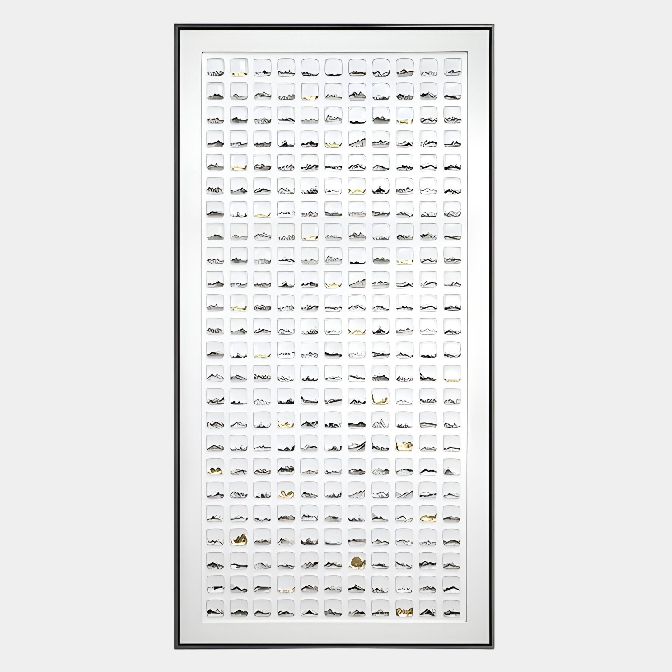 The Luneve Gold Leaf 3D Ceramic Wall Art by Giant Sculptures features a hand-painted grid of minimalistic car designs in black, gray, and gold with gold leaf accents on a white background.