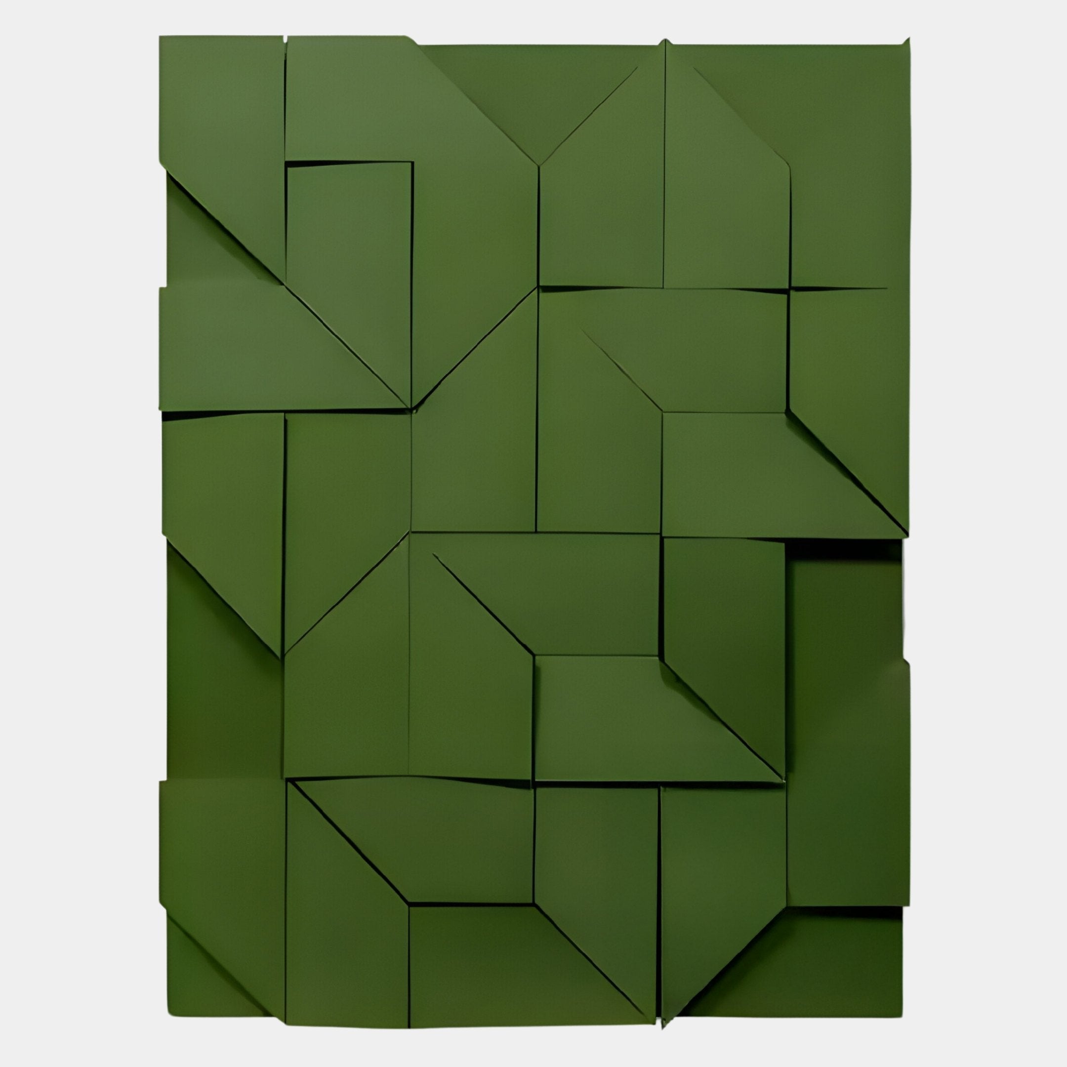 The Prisma Green Geometric Panel 3D Wall Art by Giant Sculptures features interlocking panels folded into angular shapes, arranged in a grid to create dynamic shadows and striking geometric dimension for your wall.