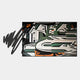 Graffio Graphic Edge Fragmented Canvas Wall Art by Giant Sculptures features bold, overlapping geometric shapes in black, green, white, and orange with scribble-like accents on a light gray background—an abstract statement piece.