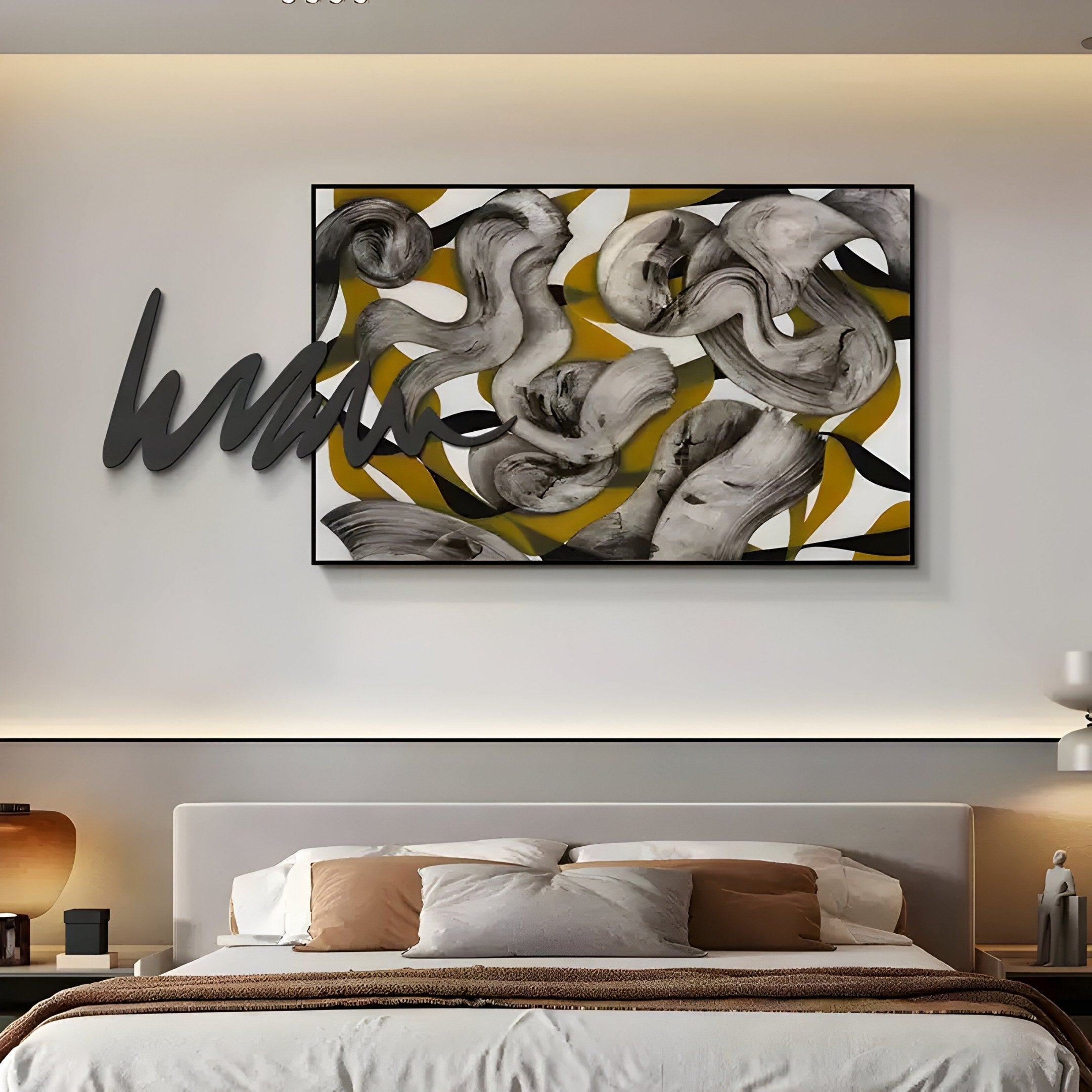 A modern bedroom features a bed with beige and white bedding. Hanging above is the Graffio Abstract Yellow Swirl Canvas Wall Art by Giant Sculptures, highlighting gray, black, and mustard-yellow swirls with a 3D element. Soft lighting enhances the ambiance.