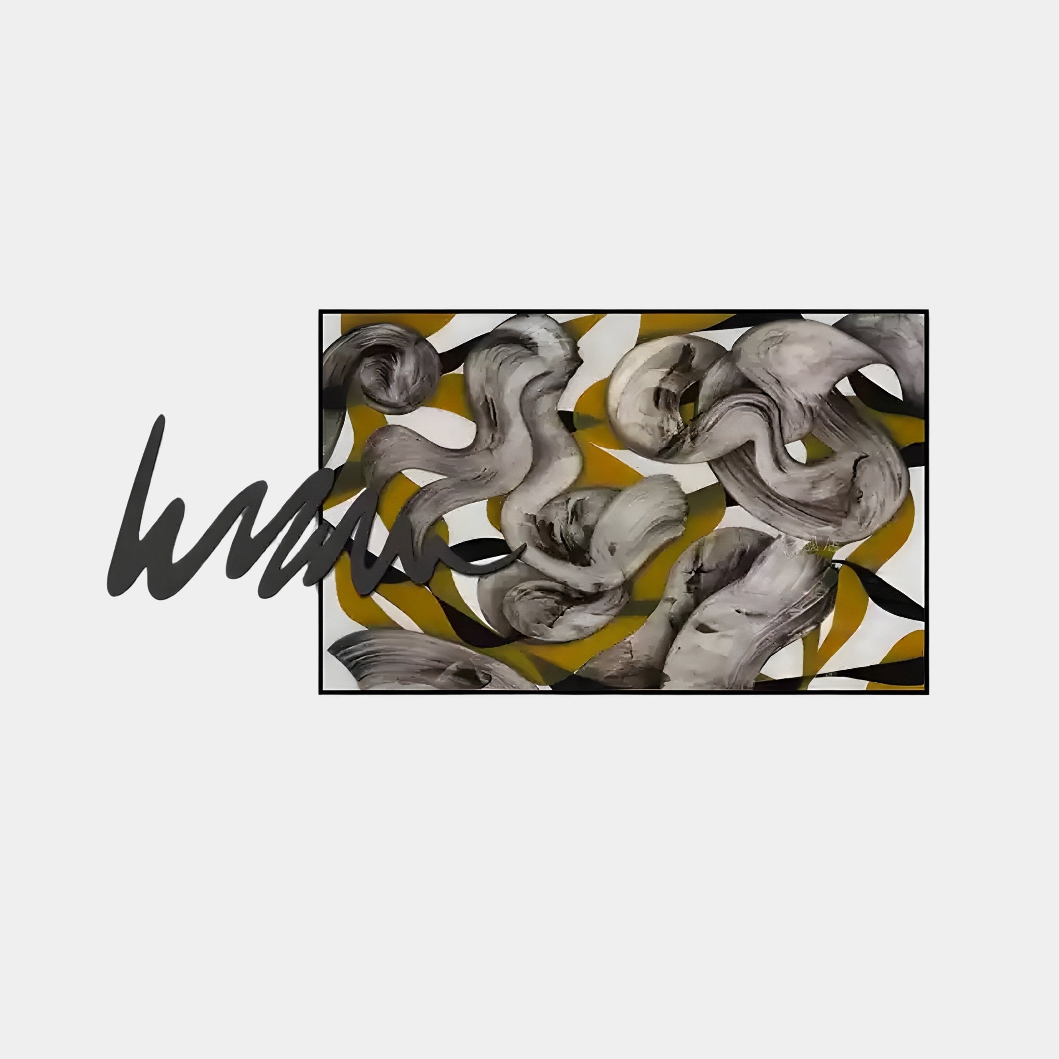 The Graffio Abstract Yellow Swirl Canvas Wall Art by Giant Sculptures captures modern arts essence with black and gray swirls over a yellow and white geometric background, enhanced by a bold black wavy line from the left, adding dynamic movement.