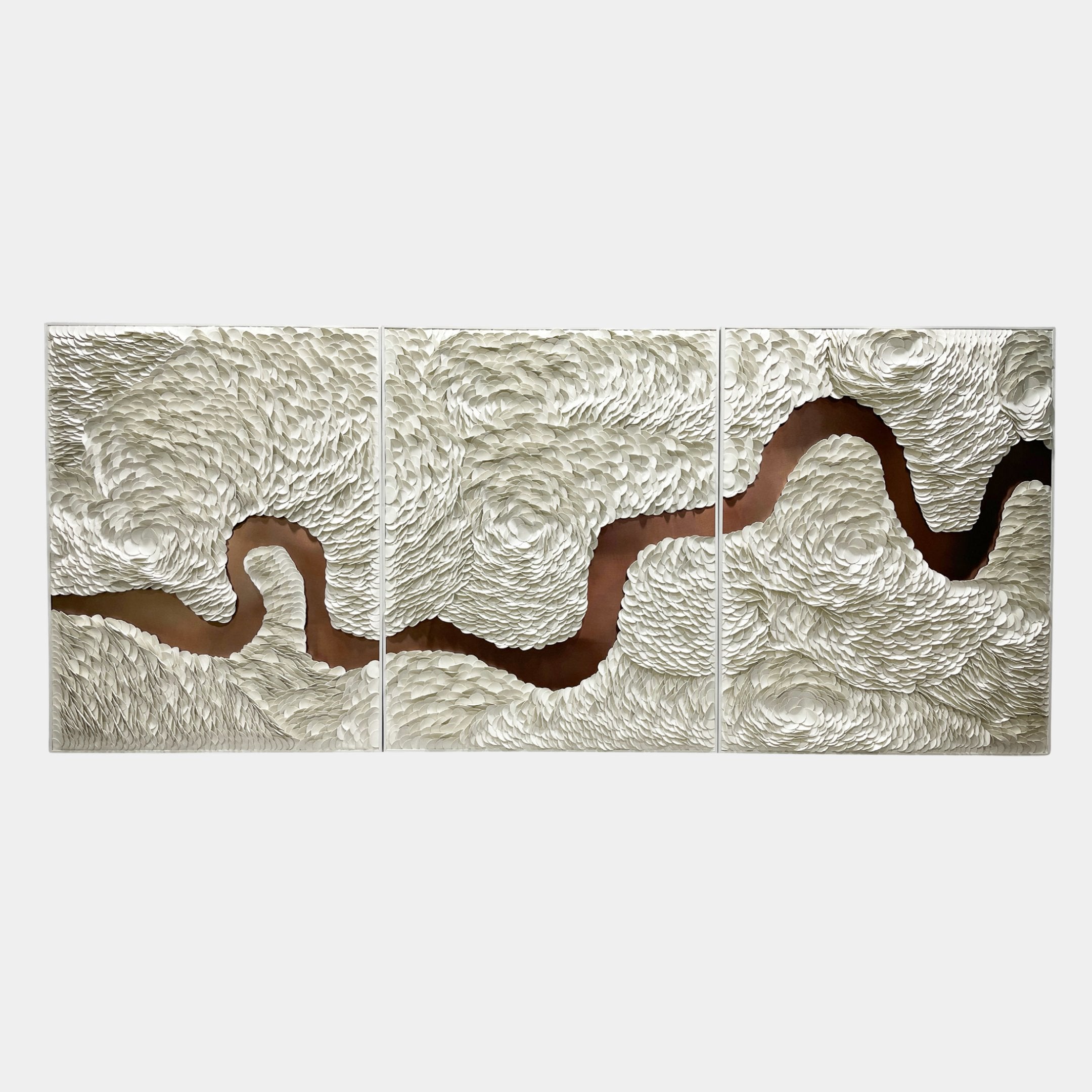 Riverine Flow Pearl White Textured Triptych Wall Art by Giant Sculptures, three panels of sculpted white impasto swirls over a metallic bronze background.