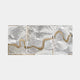 The Riverine Flow Pearl White Textured Triptych Wall Art by Giant Sculptures features three panels with swirling, feather-like gray and pearl white patterns connected by a wavy, golden line on a light gray background.