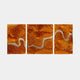 The Riverine Flow Golden Orange Textured Triptych Wall Art by Giant Sculptures features three abstract panels with vibrant orange swirls and a horizontal silver wave, offering a cohesive design ideal for adding warmth and movement to any space.