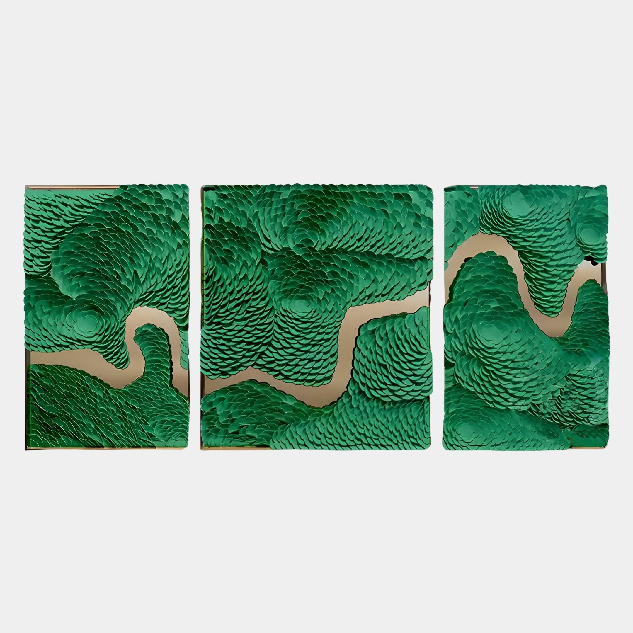 The Riverine Flow Emerald Textured Triptych Wall Art by Giant Sculptures features three panels with abstract green textures and gold winding lines, creating a cohesive, contemporary accent for your space.