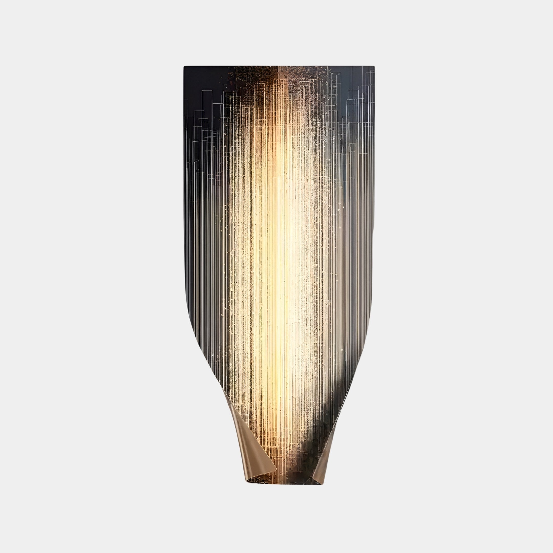 The Celestial Gold Radiance Curved Vertical Abstract Metal Wall Art by Giant Sculptures exudes a gold radiance akin to a cascade of light from top to bottom, against a plain background.