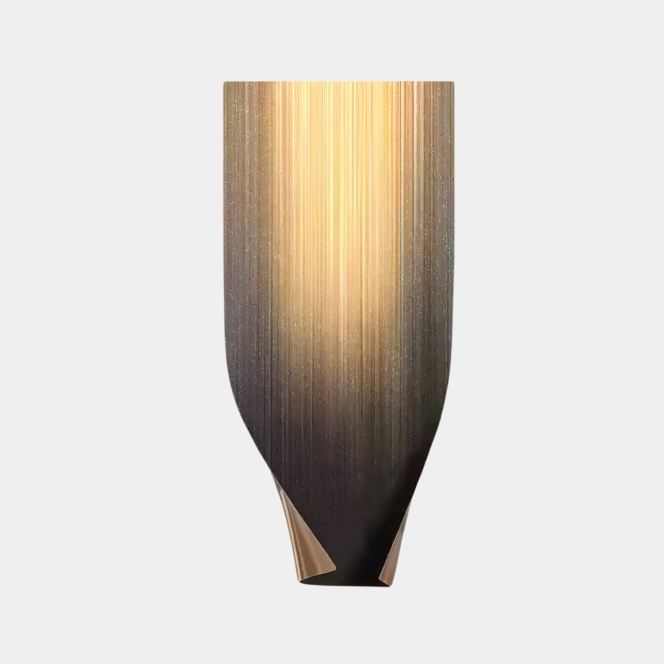 The Giant Sculptures Celestial Midnight Gradient Curved Vertical Abstract Metal Wall Art features a striking design transitioning from a warm golden hue to dark brown, set against a plain white backdrop.