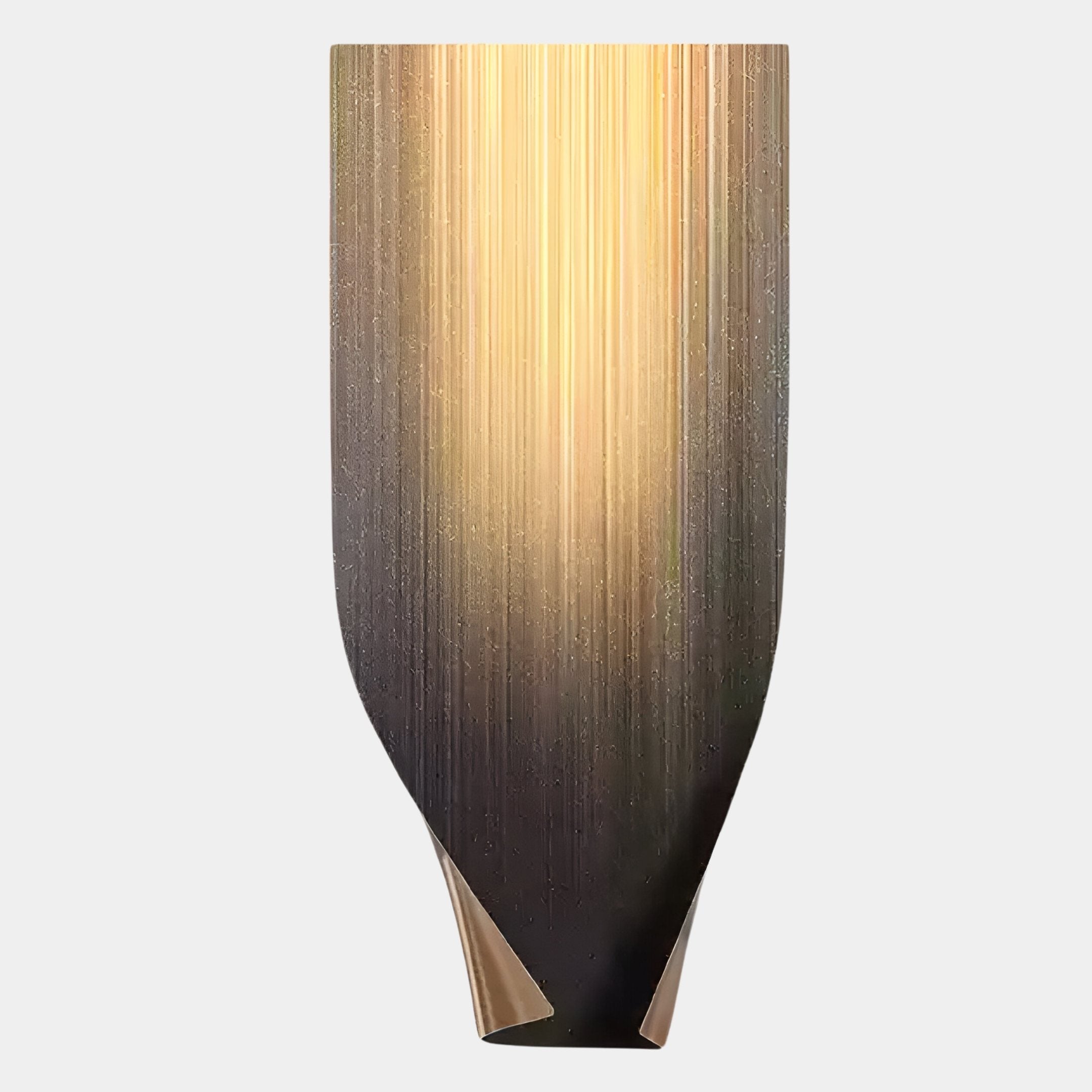 The Celestial Midnight Gradient Curved Vertical Abstract Metal Wall Art by Giant Sculptures showcases a sleek, curved form with a dark brown-to-gold gradient and vertical streaks for a glowing, modern look against a white background.