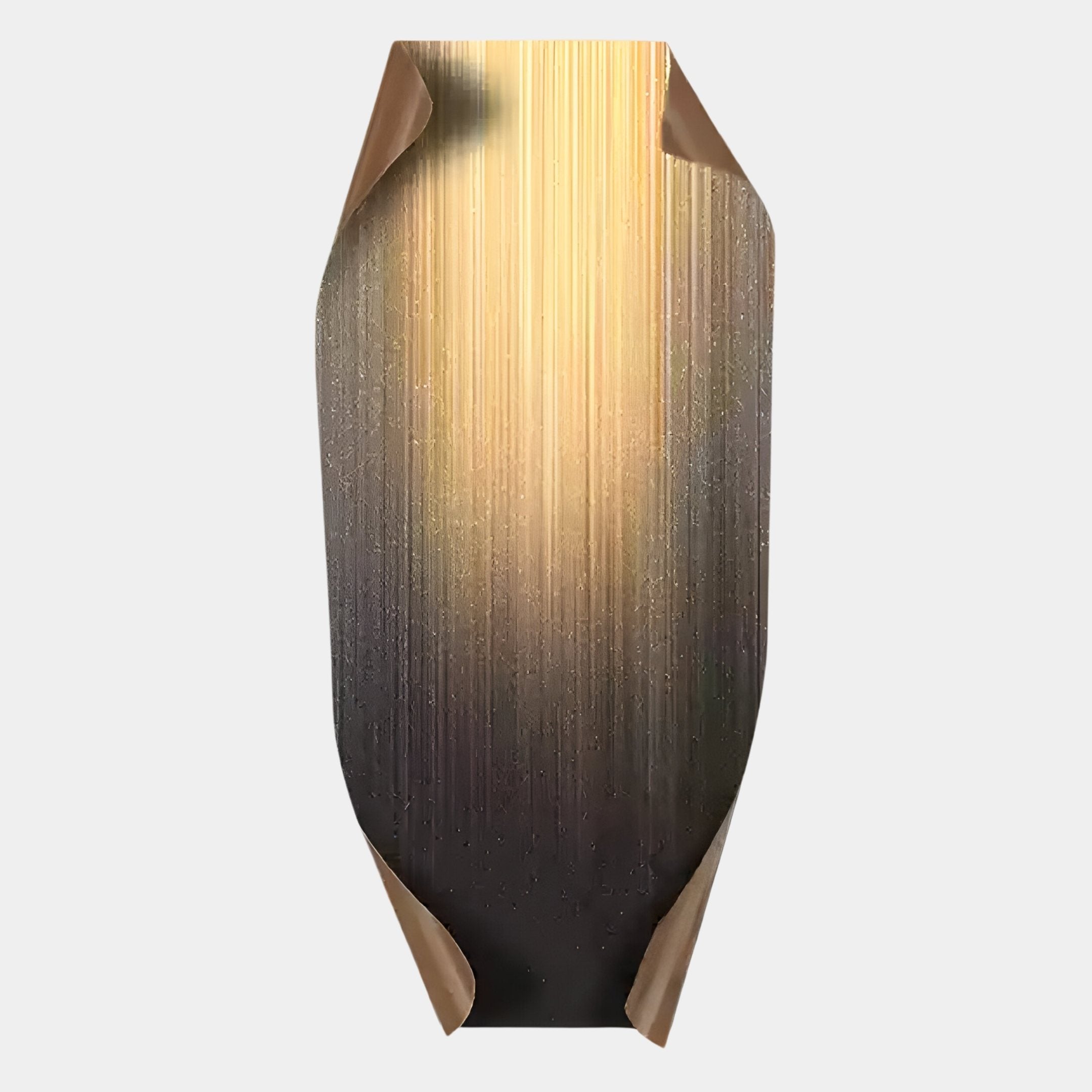 The Celestial Midnight Gradient Edge Folded Abstract Metal Wall Art by Giant Sculptures features vertical golden and brown streaks on a unique elongated, folded metal canvas—perfect for adding a contemporary touch to any space.