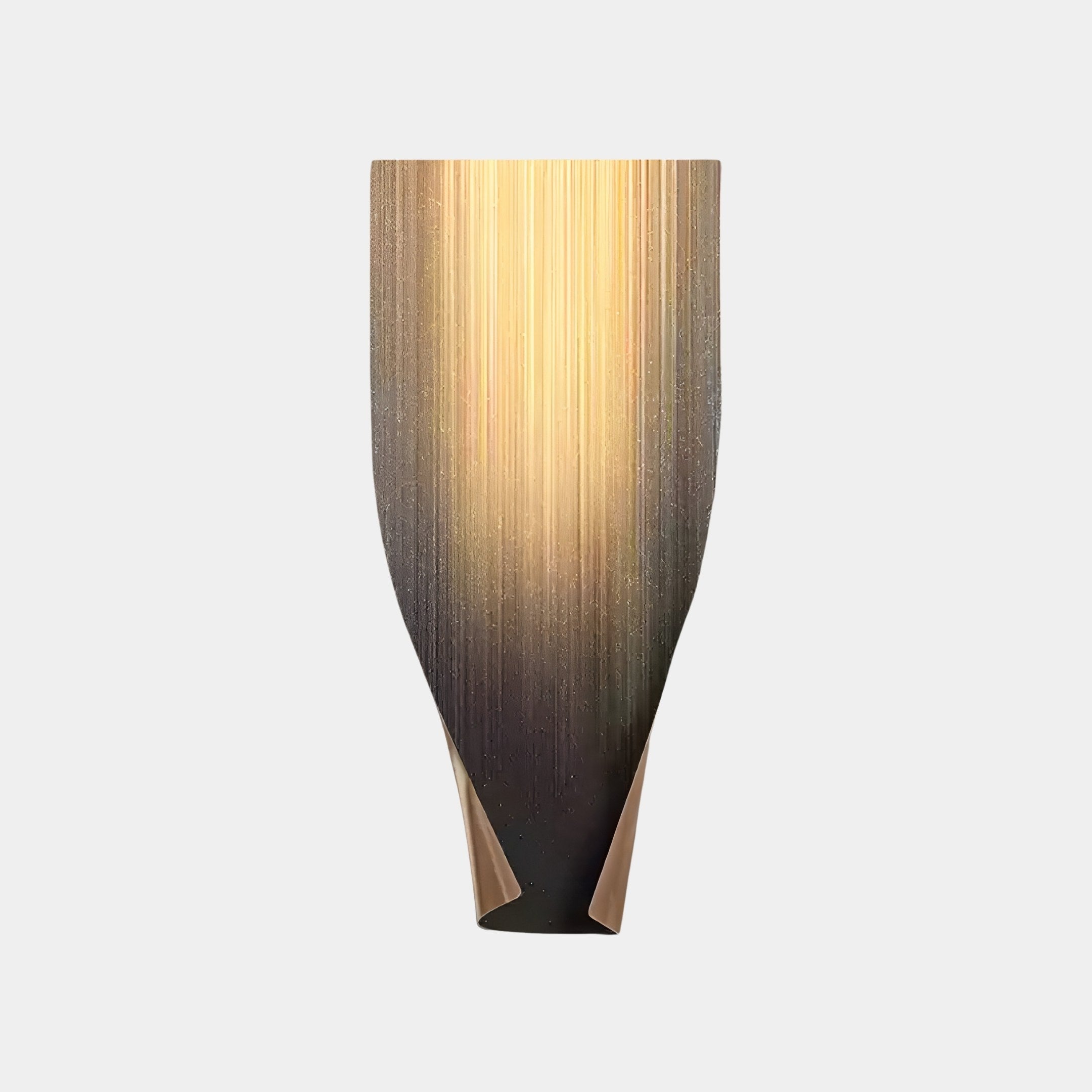 The Celestial Midnight Gradient Vertical Abstract Metal Wall Art by Giant Sculptures exudes elegance with its tall, sculptural design, blending gold and dark gray for a shimmering effect. It complements modern interiors and stands out beautifully against a plain white background.