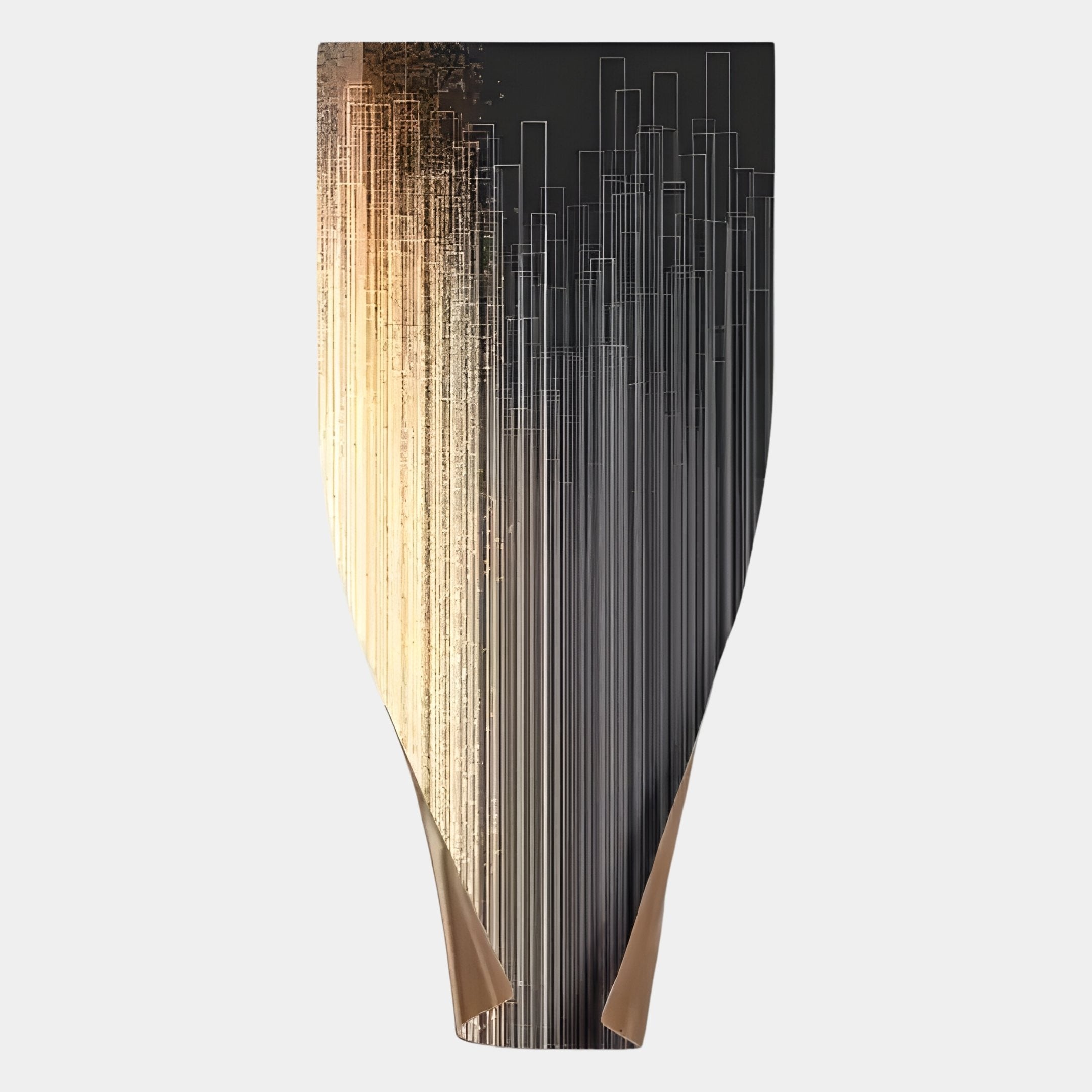 The Celestial Luminous Skyline Vertical Abstract Metal Wall Art by Giant Sculptures features a smooth, curved form with gold and black vertical lines and rectangles fading from dense to sparse on a light gray backdrop.