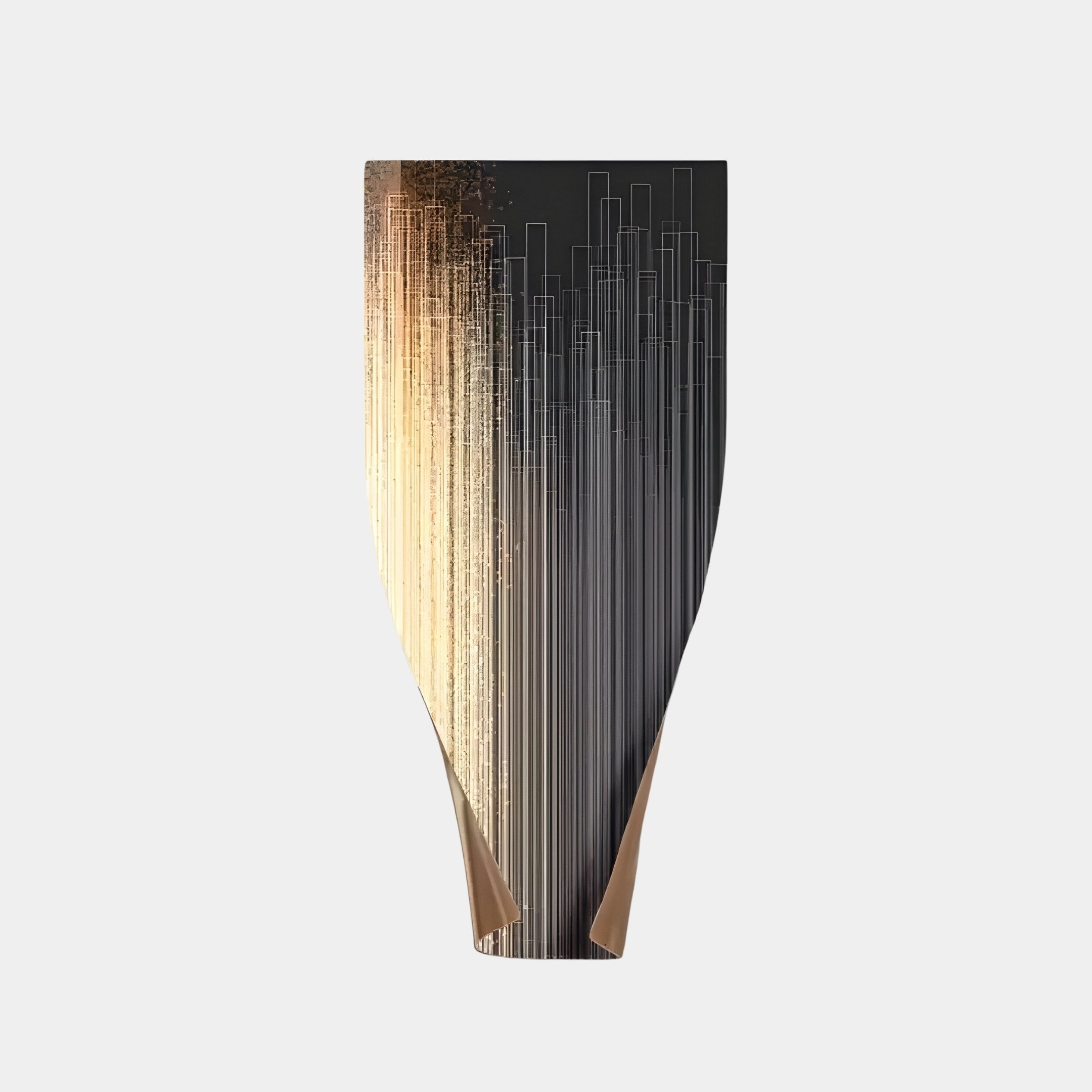 The Celestial Luminous by Giant Sculptures features a sleek black and gold geometric design resembling skyline vertical abstract art, with a cascading gold gradient. It showcases modern craftsmanship and adds a contemporary, abstract aesthetic to any space.