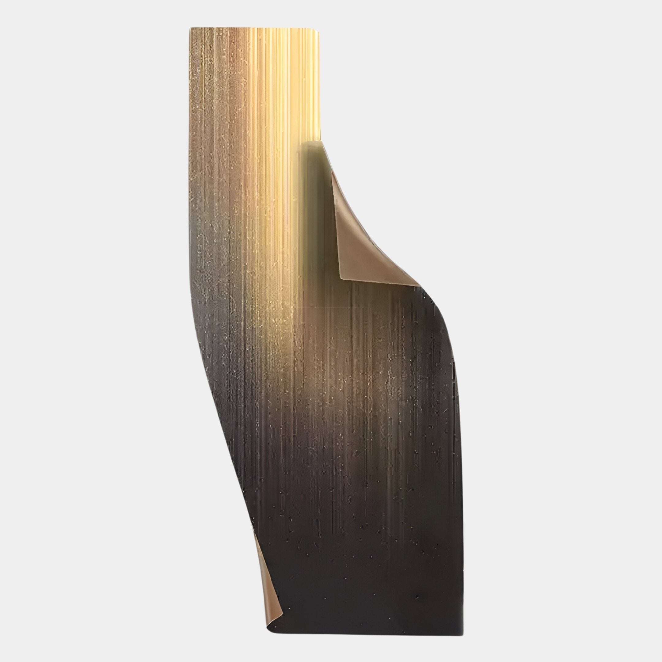 The Celestial Midnight Gradient Curved Angled Abstract Metal Wall Art by Giant Sculptures features a tall, smooth, curved form with gold-to-black vertical streaks—ideal as striking abstract décor for modern spaces or light gray walls.