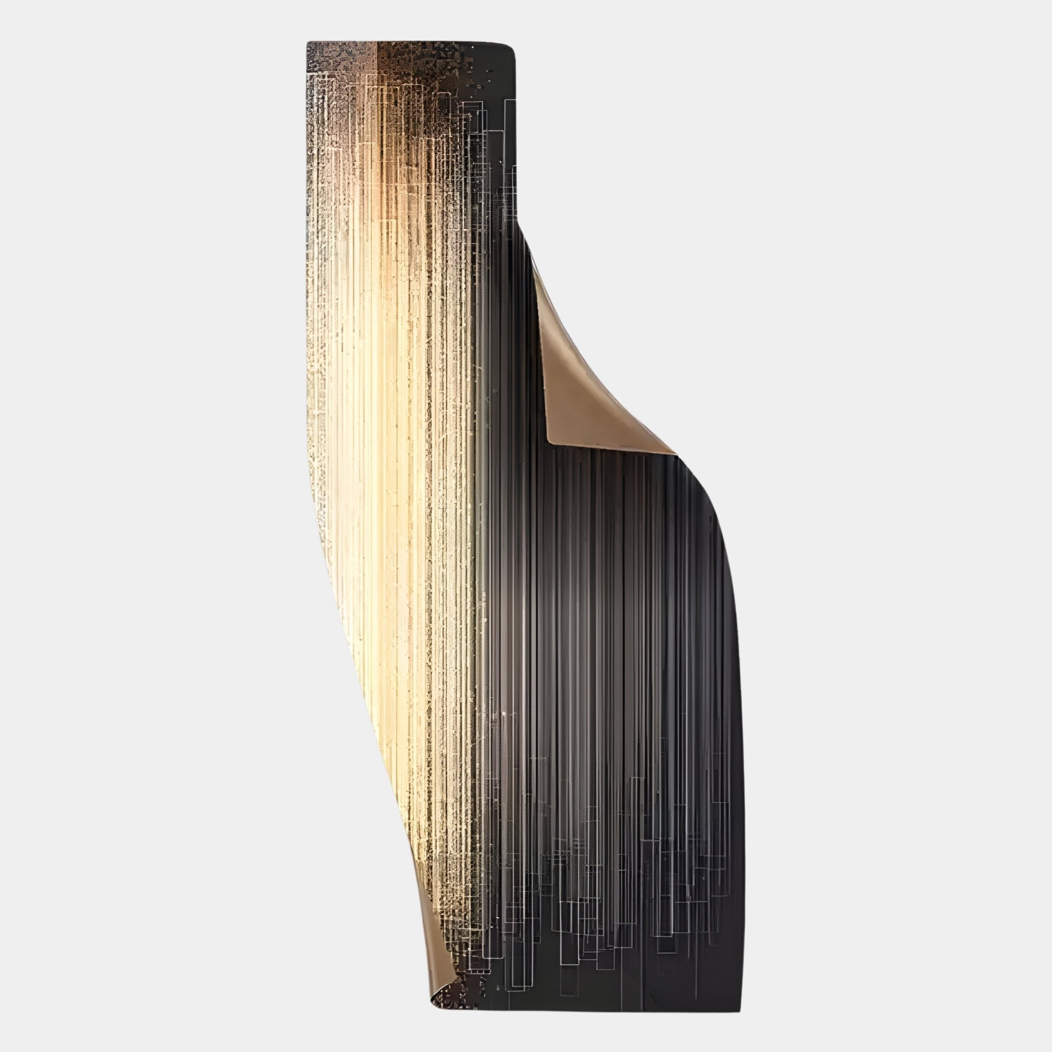 The Celestial Luminous Skyline Curved Angled Abstract Metal Wall Art by Giant Sculptures features tall black forms with gold and beige vertical lines and a metallic gold curved inner edge—an eye-catching modern piece for light gray walls.