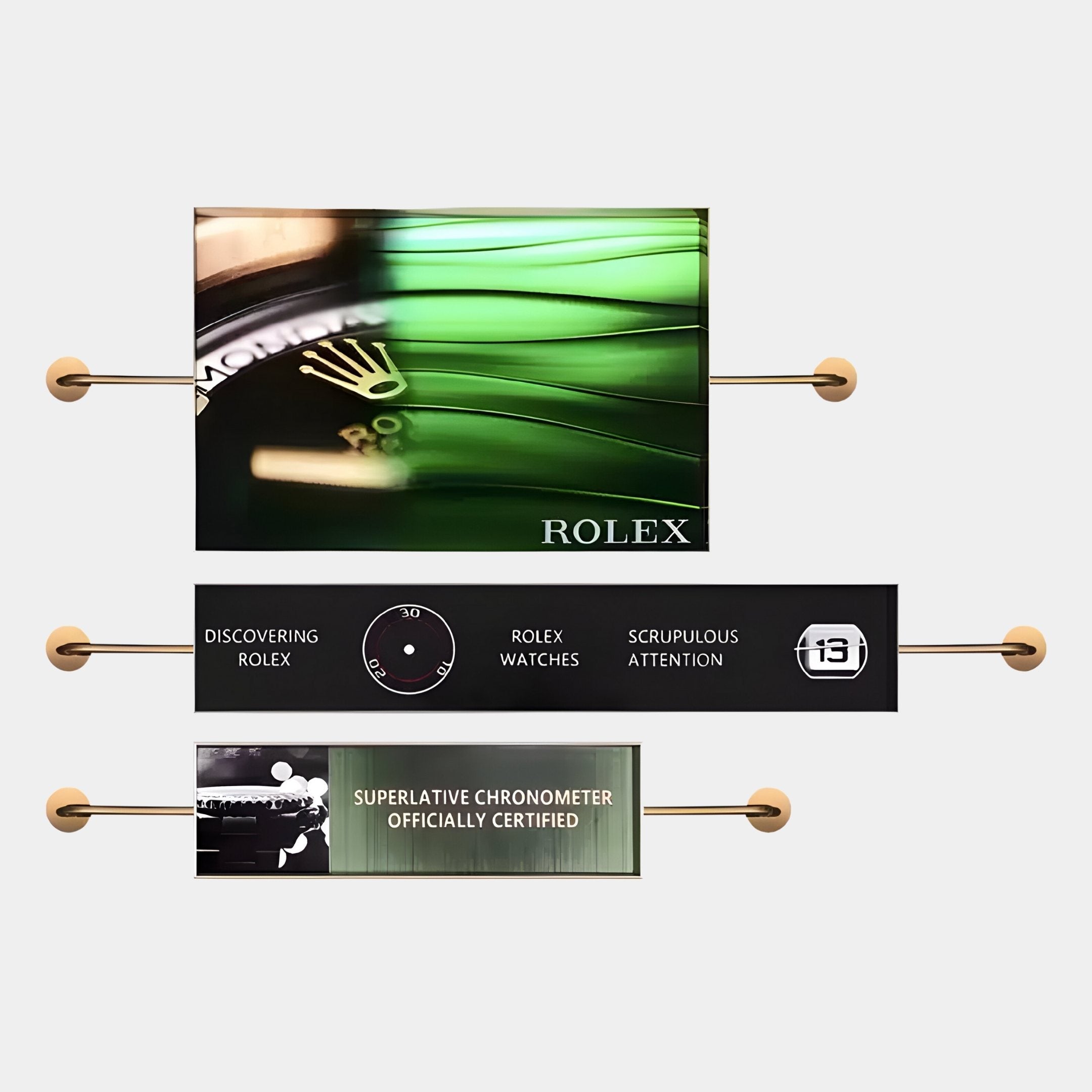 A collage of close-up Rolex shots, iconic logo, and DISCOVERING ROLEX text embodies timeless design in the Visario Rolex Inspired Luxury Metal Wall Art by Giant Sculptures—perfect for fans of Rolex-inspired decor.