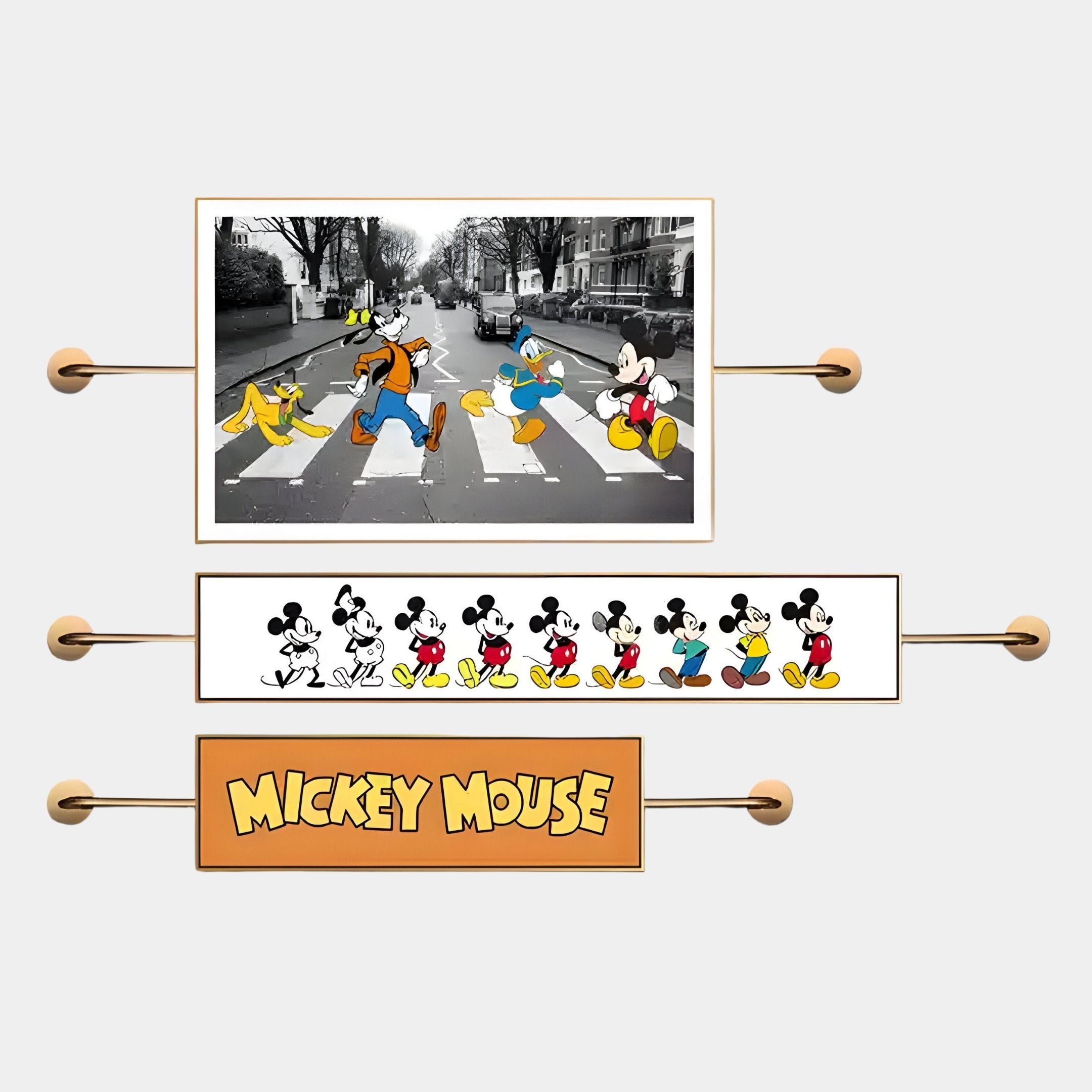 Giant Sculptures Visario Mickey Mouse Themed Metal Wall Art features three framed pieces: Disney characters on Abbey Road, vibrant Mickey poses, and bold Mickey Mouse text—perfect nostalgic décor for any fan.