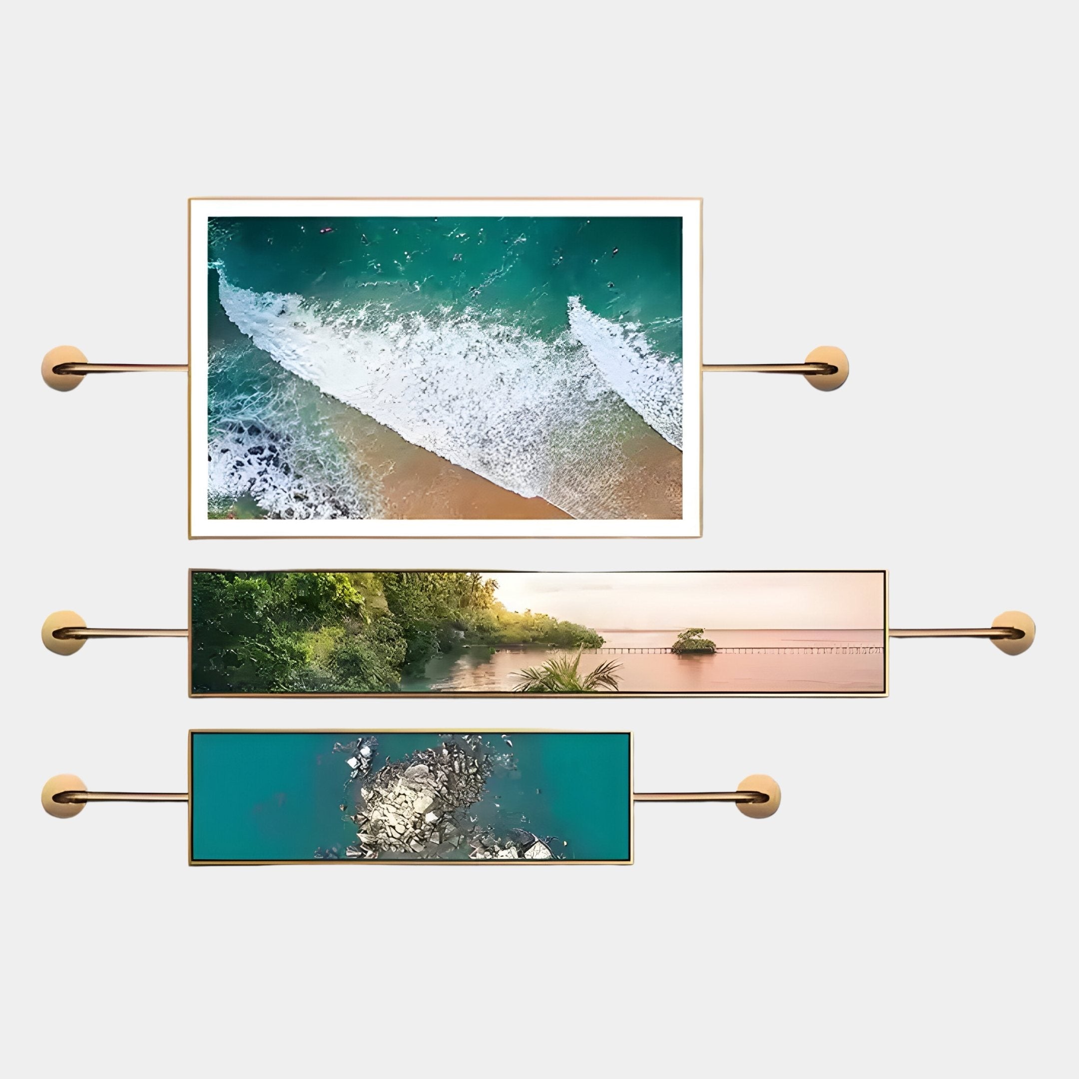 The Visario Ocean & Nature Inspired Metal Wall Art by Giant Sculptures features three vertically arranged rectangular prints with gold mounts, creating stunning ocean-inspired décor for your space.
