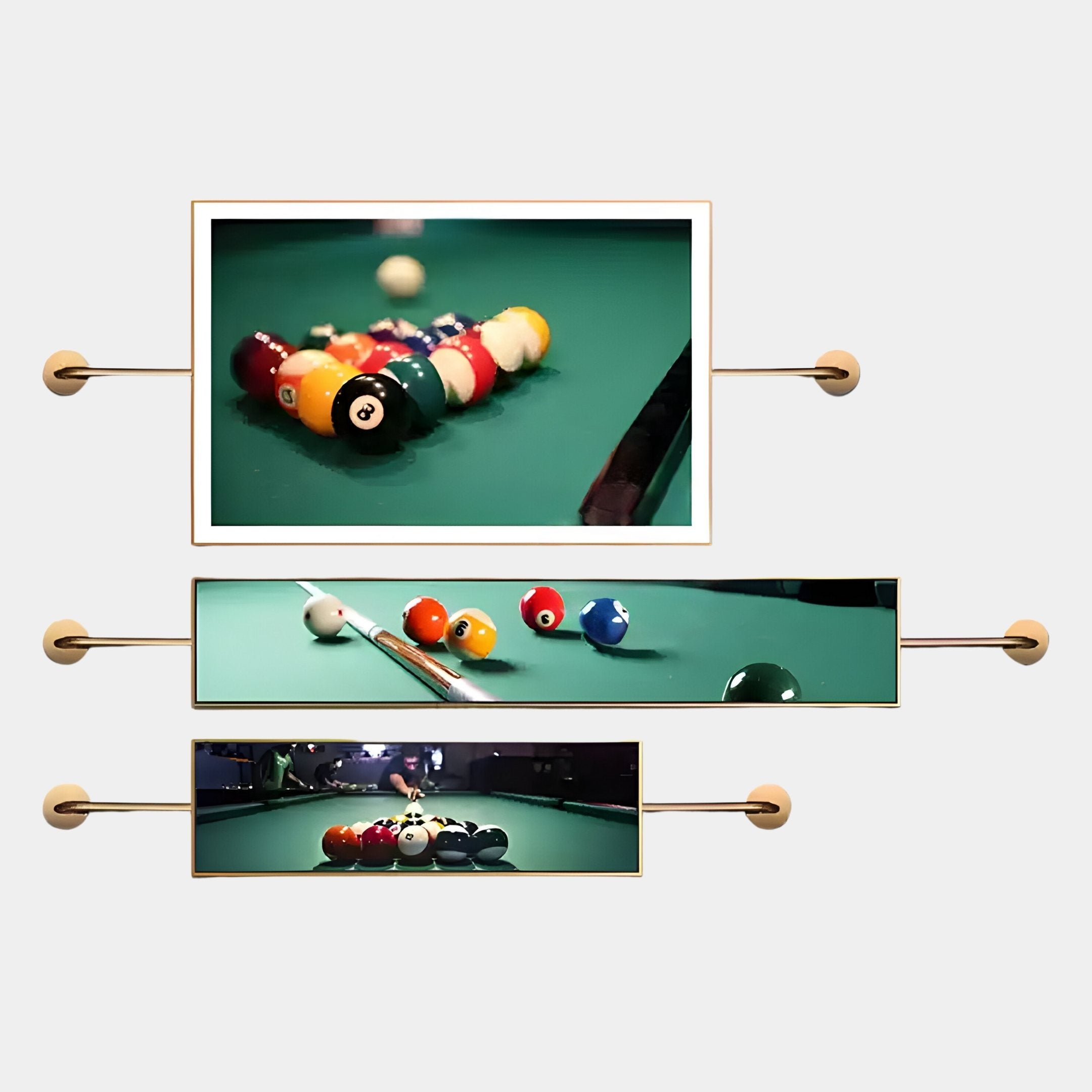 The Visario Billiards Game Themed Metal Wall Art by Giant Sculptures features three modern panels—racked balls, scattered balls with cues, and a close-up—perfect pool table decor in a sleek white design.