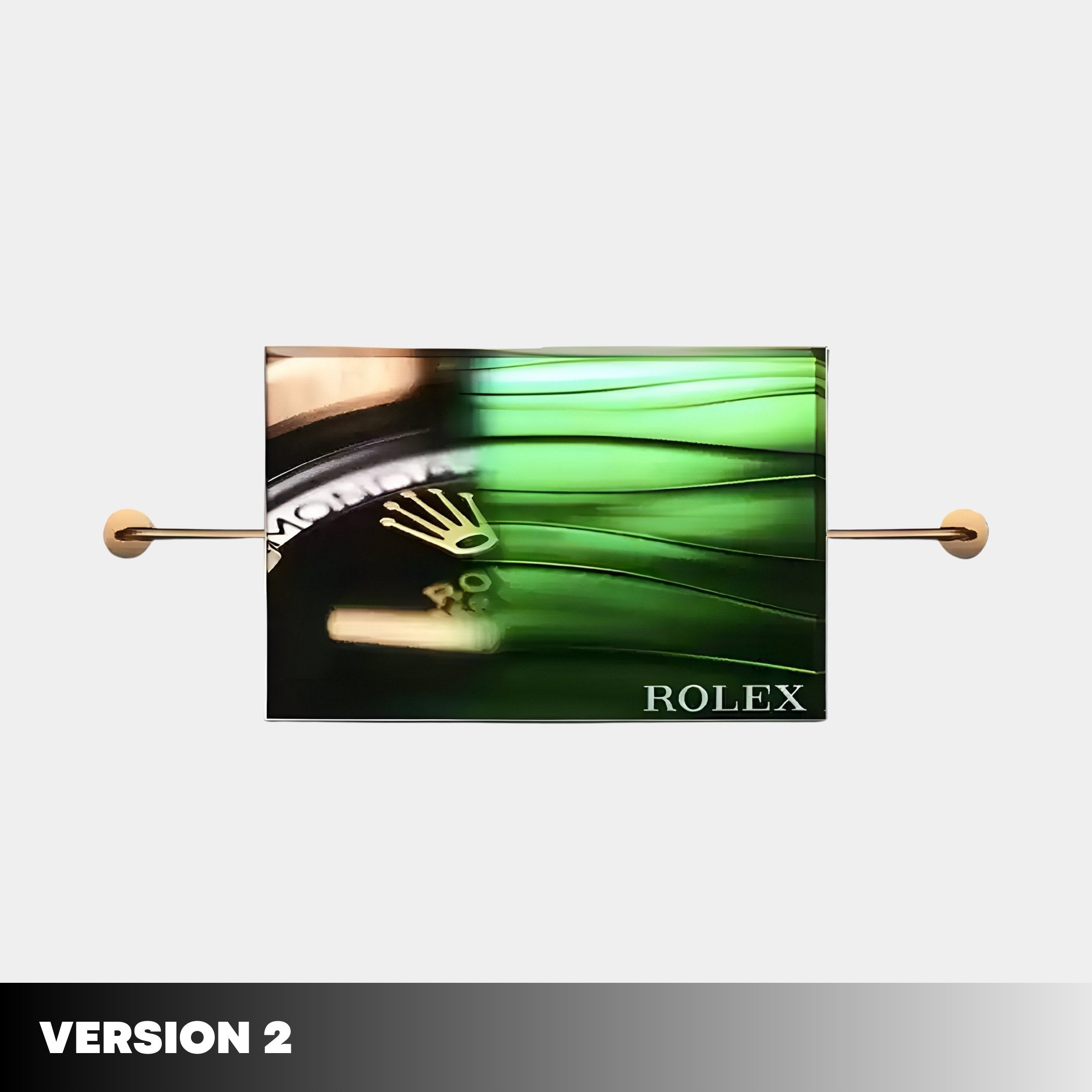 The rectangular image showcases a close-up of a watch face with a green wave pattern, capturing the essence of Visario Rolex Inspired Luxury Metal Wall Art by Giant Sculptures. The word ROLEX adorns the bottom right, and its elegantly mounted on a thin horizontal rod with rounded ends.