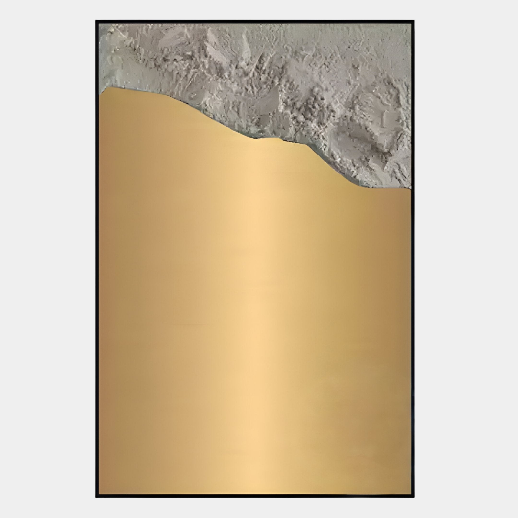 The Terranica Metallic Horizon Sandscape Textured Metal Wall Art by Giant Sculptures features a rough, stone-like gray top over a smooth metallic gold lower part, divided by an uneven diagonal—ideal for modern interiors.