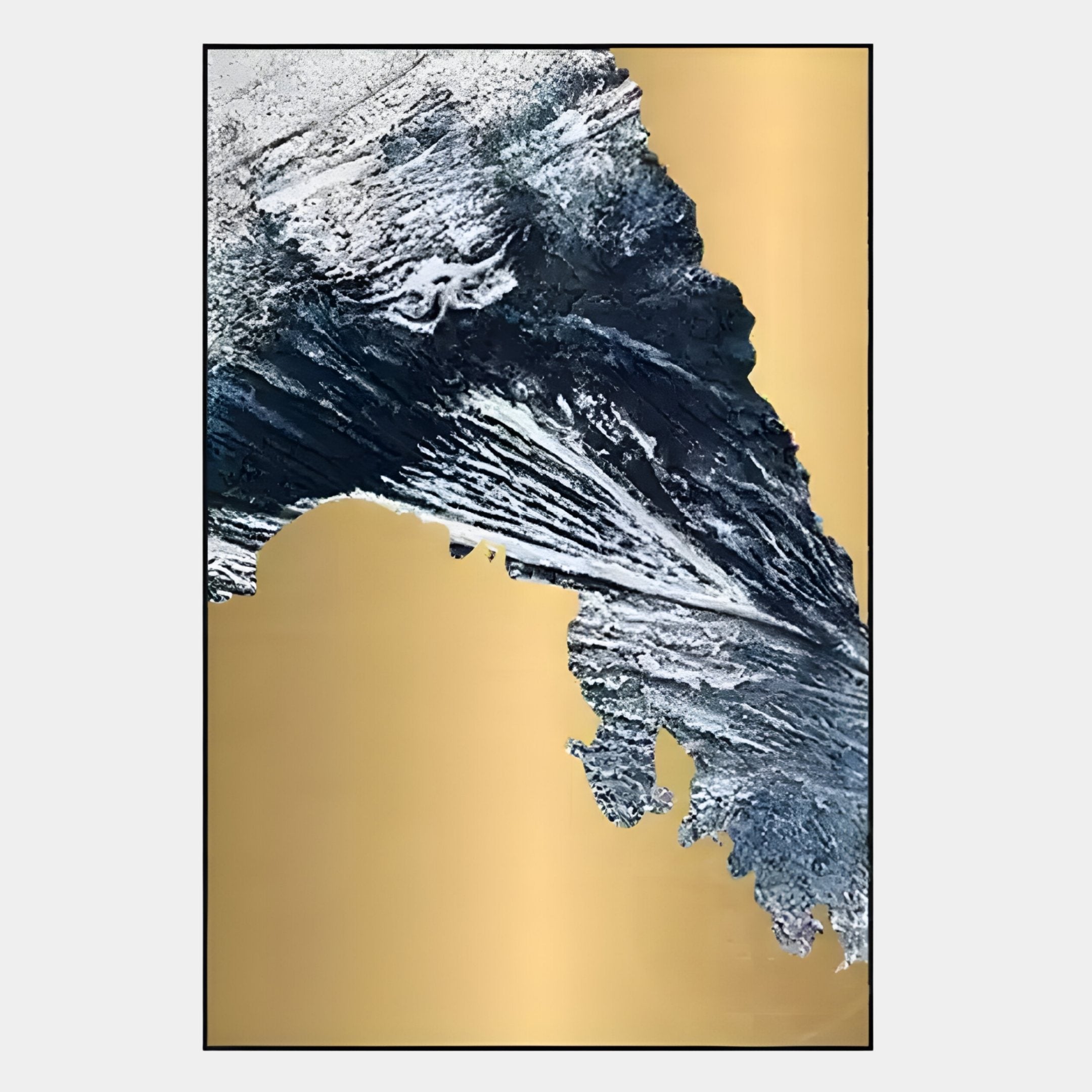 The Terranica Golden Terrain Abstract Metal Wall Art by Giant Sculptures features a gold backdrop with textured blue and white formations, creating a bold contrast—perfect for enhancing contemporary spaces.