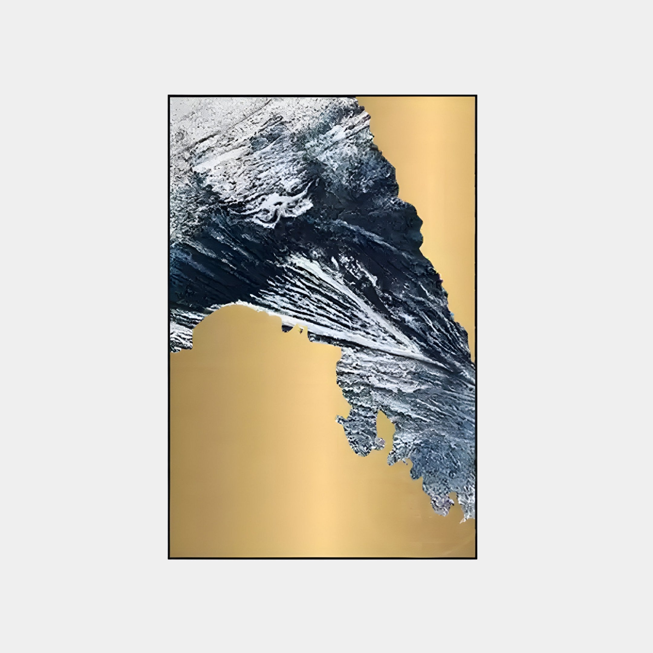 The Terranica Golden Terrain Abstract Metal Wall Art by Giant Sculptures combines dark, textured brushstrokes resembling waves or mountains with a smooth, golden backdrop. The hand-painted metal elements offer a dynamic contrast ideal for modern interiors.