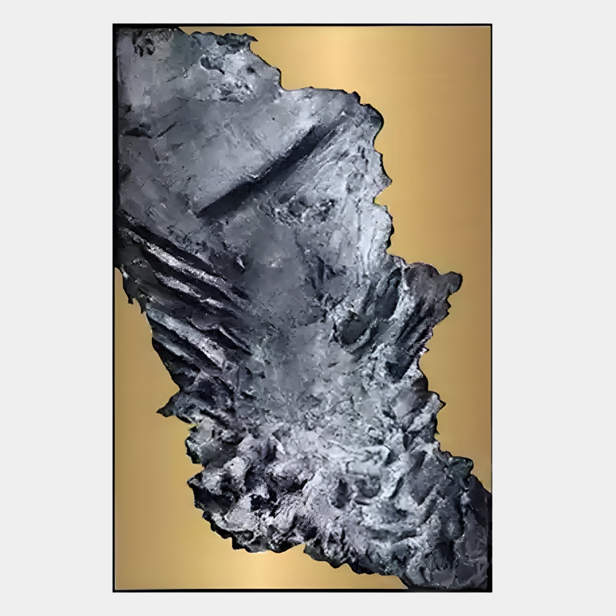 The Terranica Metallic Crust Textured Abstract Metal Wall Art by Giant Sculptures showcases a striking, irregular metallic gray finish against a gold background, bringing bold contemporary design to your space.