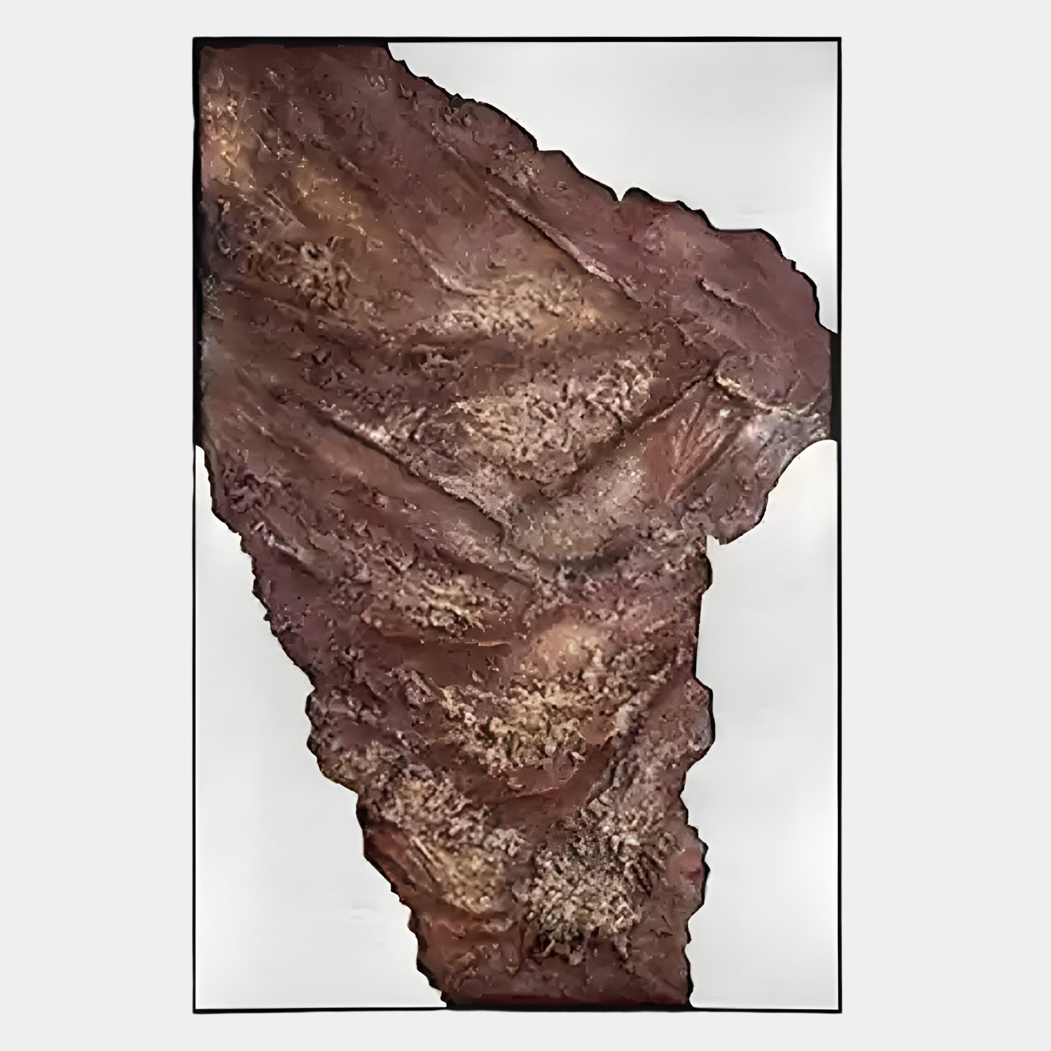 The Terranica Rustic Earth-Toned Textured Abstract Metal Wall Art by Giant Sculptures features an earthy, dark brown triangular design with visible creases and light accents, resembling abstract art and adding a unique accent to any décor.