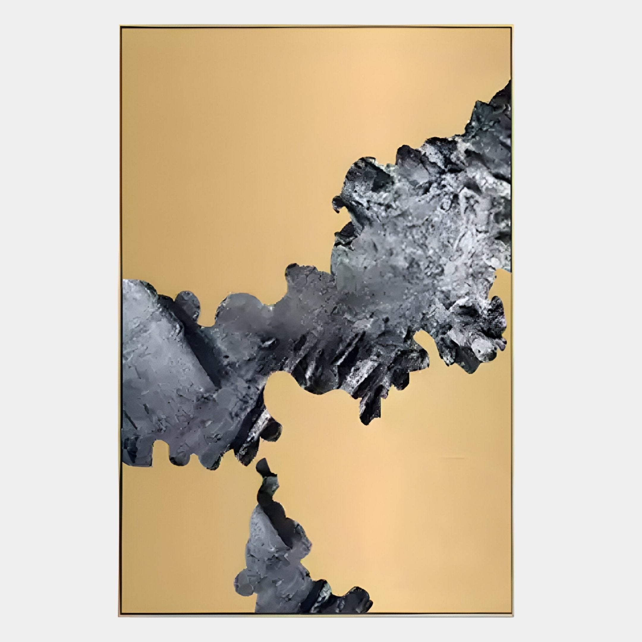 Terranica Metallic Stream Textured Abstract Metal Wall Art by Giant Sculptures features a gold background with a jagged silver-black form crossing diagonally, creating striking contemporary decor for modern spaces.