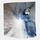The Astralis Frostflare Radiant Abstract 3D Wall Art by Giant Sculptures features a warped square form, metallic sphere, and blue-white radial streaks for a dynamic burst effect that brings modern visual energy to any space.