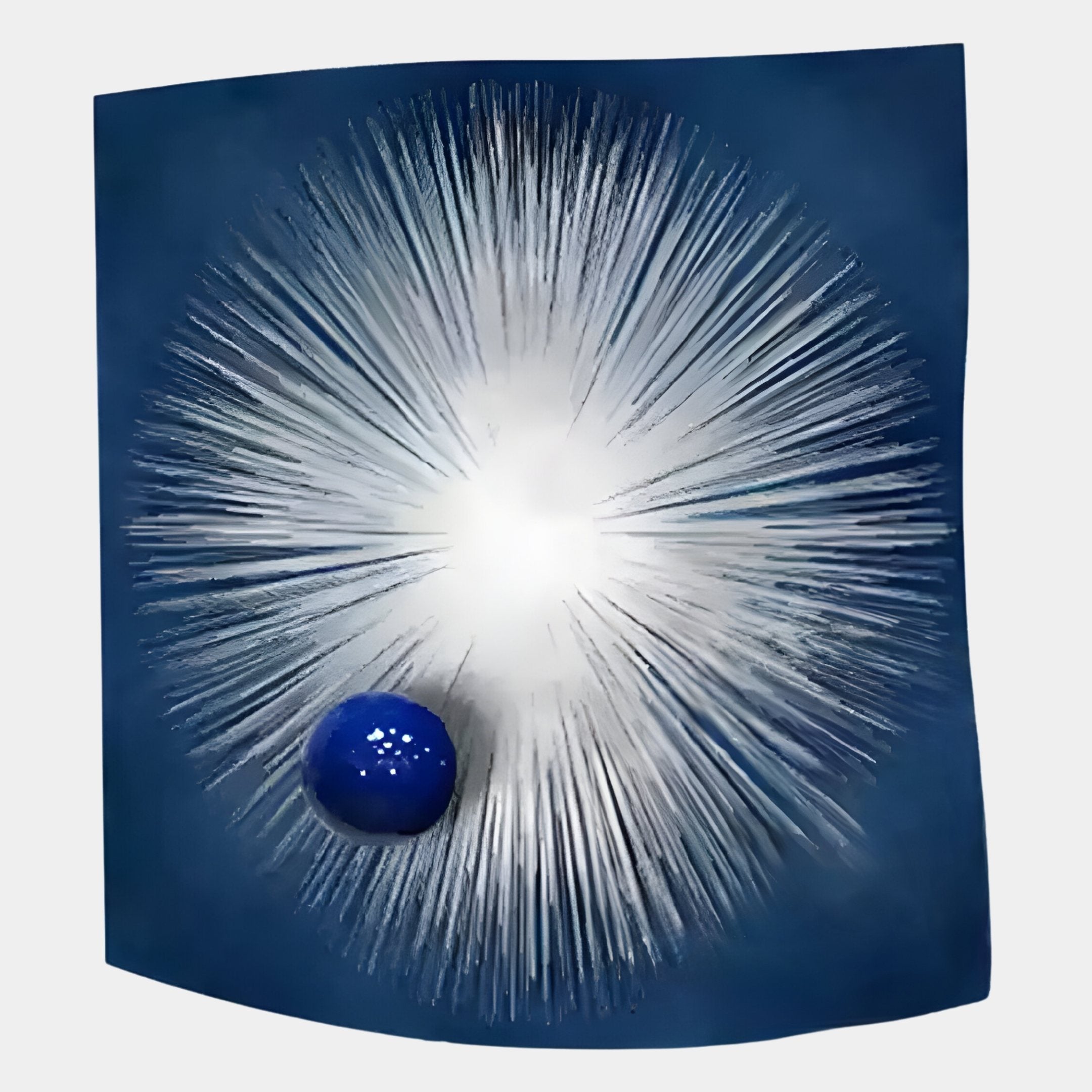 The “Astralis Stellar Burst Abstract 3D Wall Art” by Giant Sculptures features white spikes radiating from a luminous center on deep blue, with a glossy sphere—ideal as celestial-inspired décor or a striking contemporary focal point.