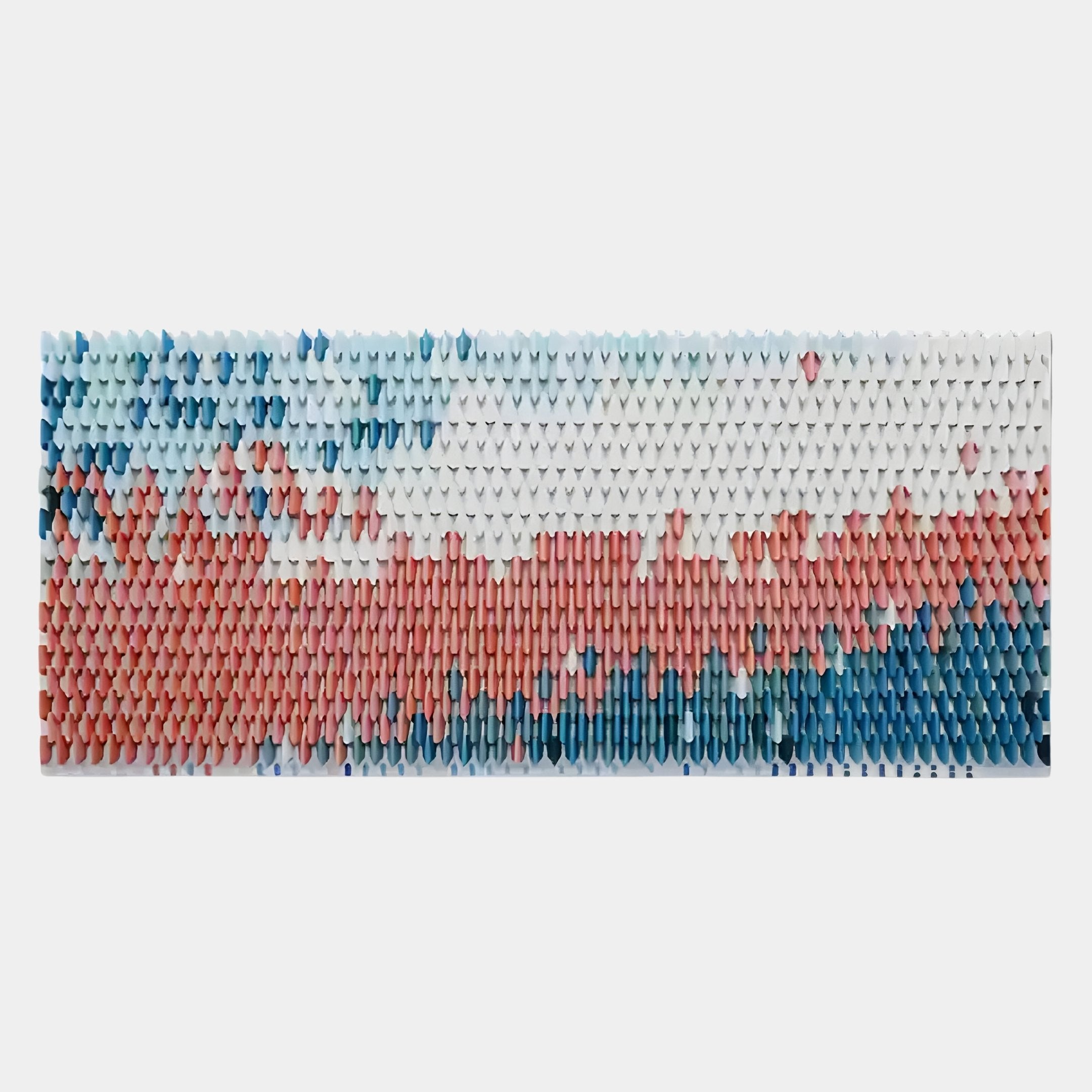 The Avaris Frameless 3D Ceramic Wall Art by Giant Sculptures features rows of raised cone shapes in blue, white, and pink forming an abstract wave, adding bold color and texture to vibrant interiors.