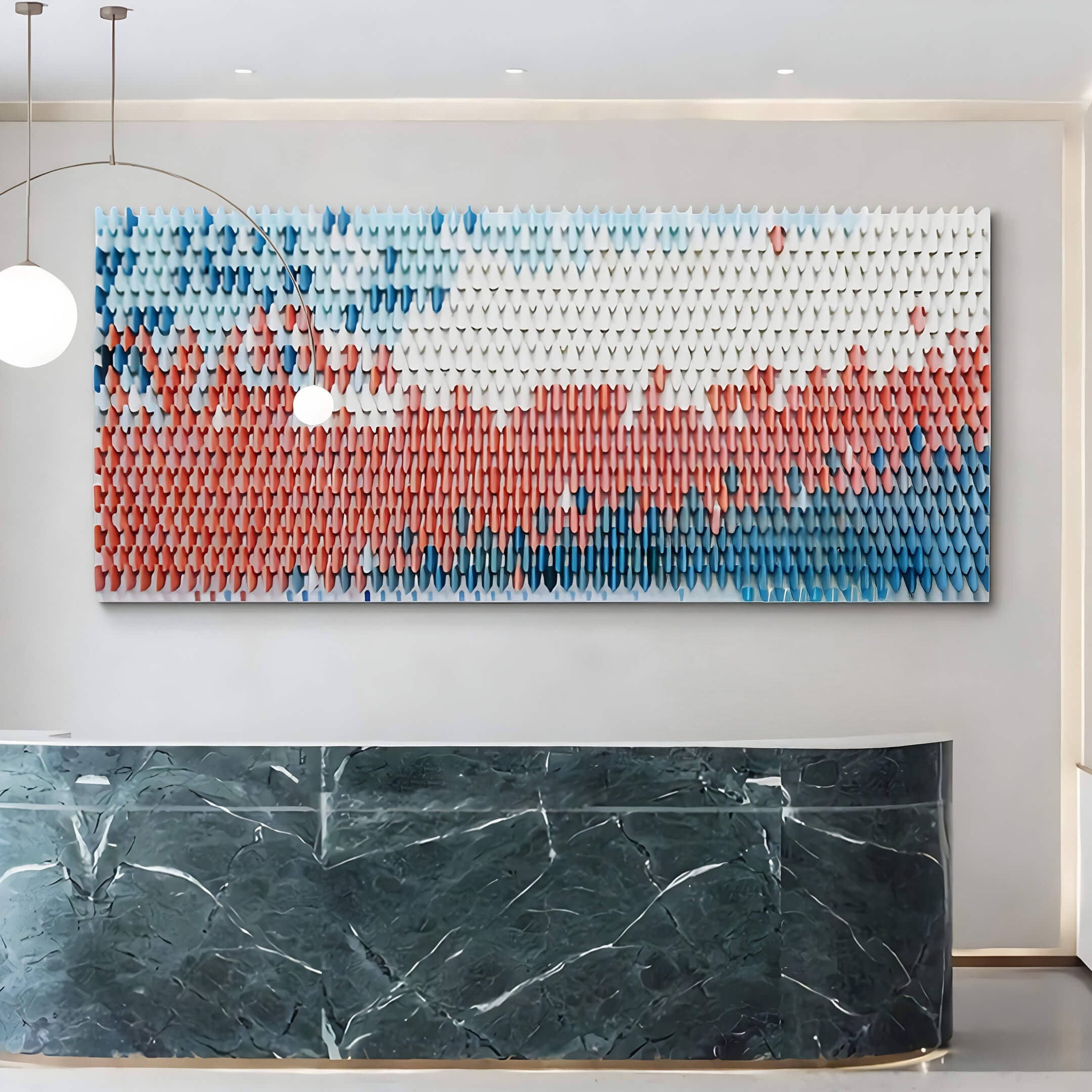 The Avaris Frameless 3D Ceramic Wall Art by Giant Sculptures, featuring vibrant blue, white, and red textures, enhances the minimalist interior above a dark green marble reception desk.