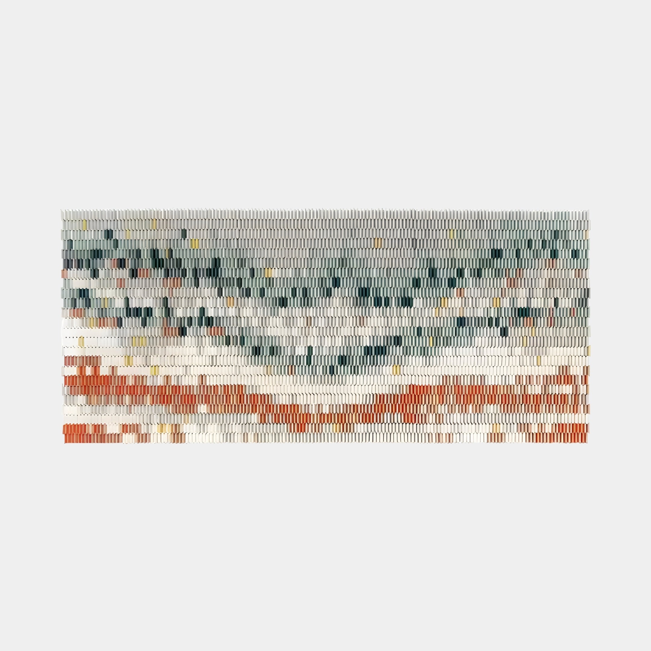 The Avaris Frameless 3D Ceramic Wall Art by Giant Sculptures features an abstract landscape with a horizontal rectangle of small, elongated shapes. It transitions from green and blue at the top to white in the center, finishing with warm orange and red hues—ideal for contemporary settings.