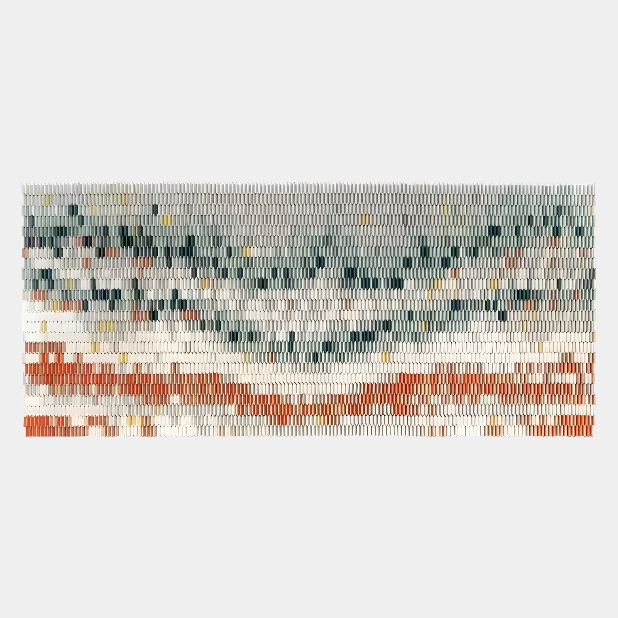 The Avaris Frameless 3D Ceramic Wall Art by Giant Sculptures features an abstract, wavy landscape of vertically aligned rectangles in gray, orange, brown, cream, and green—perfect as striking wall décor for modern interiors.
