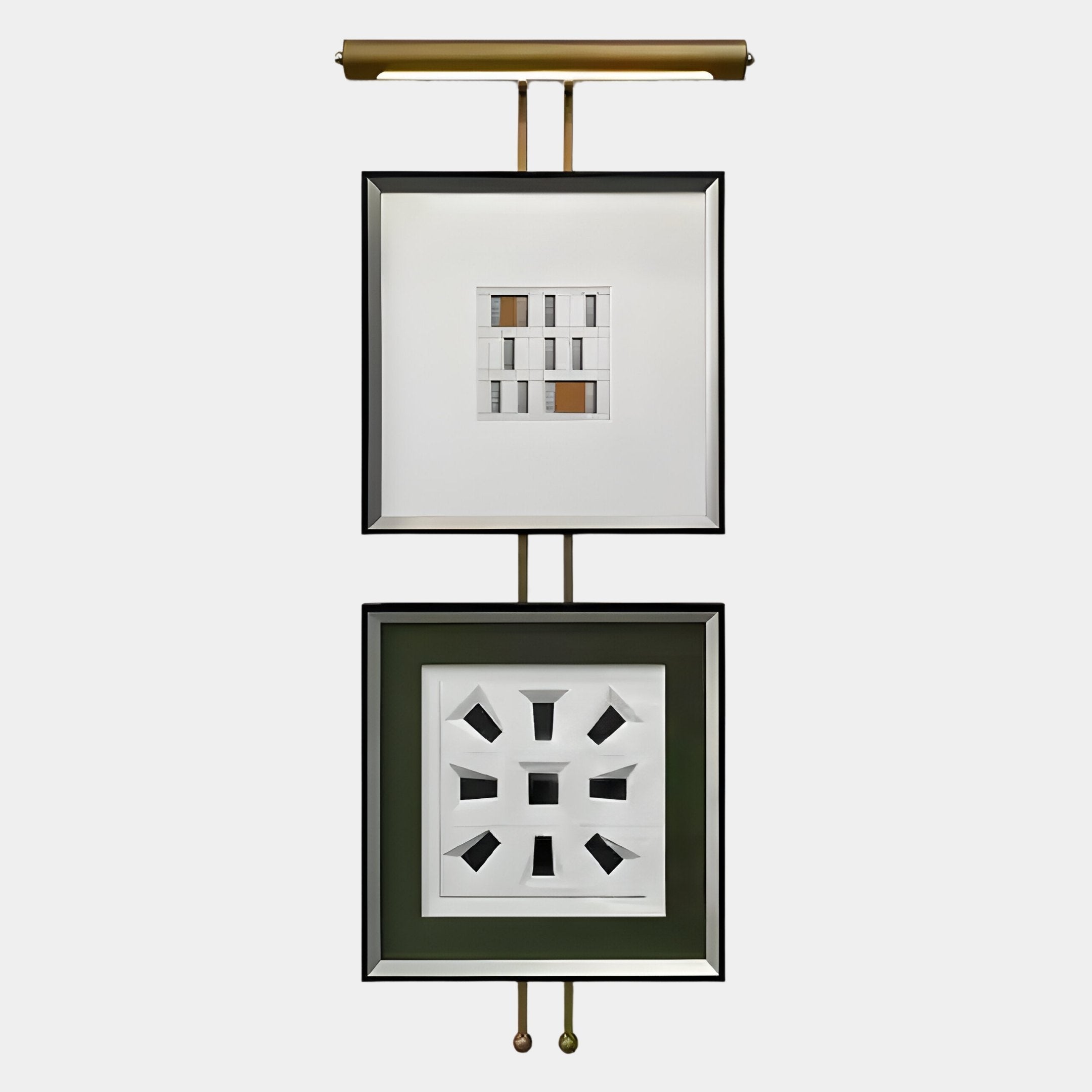 The Giant Sculptures Artisera Grid Motif Contemporary Dual Frame Wall Art features integrated lighting and displays a geometric grid above angular black shapes on white, mounted vertically on a sleek metal rod.