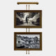 The Artisera Ballet Noir Luxe Dual Frame Built-In Light Wall Art by Giant Sculptures features two stacked black-and-white prints—a dancer with flowing fabric above a tram street scene—with an integrated gold light for a timeless look.
