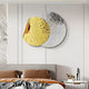 The Metaluxe I Gold & Silver Dual Disc Textured 3D Wall Art by Giant Sculptures hangs above the bed, adding modern design to the room with its overlapping textured circles. The space features neutral tones and luxury aesthetics, embodying contemporary decor.