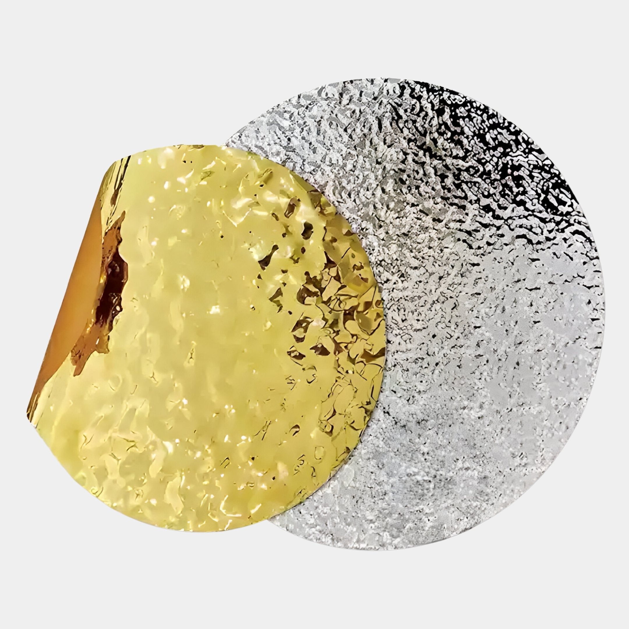 Metaluxe I Gold & Silver Dual Disc Textured 3D Wall Art by Giant Sculptures features two overlapping foil sheets—one gold, one silver—on a white background. The gold foil peels back to reveal its shiny, crinkled surface for a modern 3D accent.