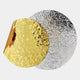 Metaluxe I Gold & Silver Dual Disc Textured 3D Wall Art by Giant Sculptures features two overlapping foil sheets—one gold, one silver—on a white background. The gold foil peels back to reveal its shiny, crinkled surface for a modern 3D accent.