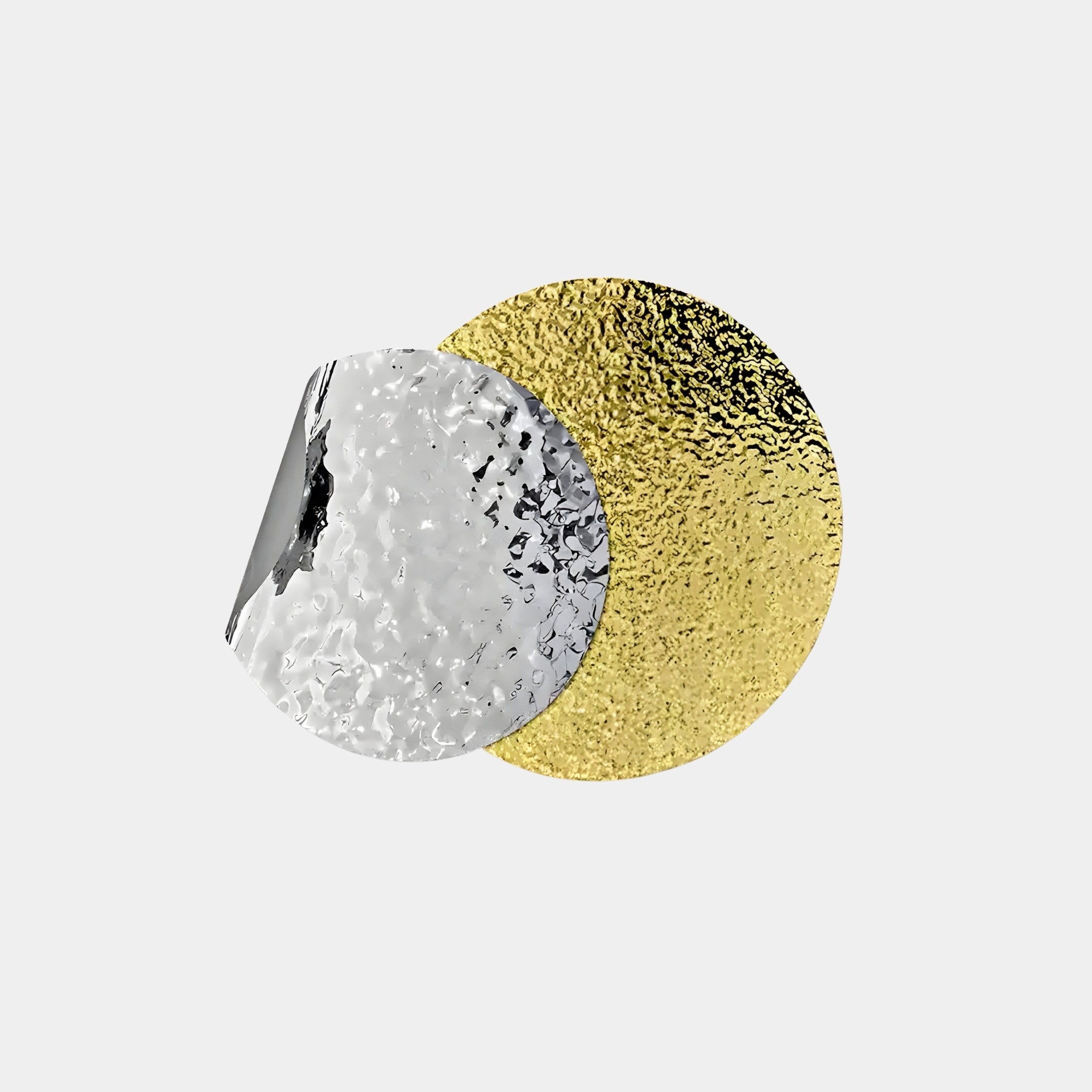 Metaluxe II Gold & Silver Dual Disc Textured 3D Wall Art by Giant Sculptures features two metallic circles: a textured silver one on the left and a hammered gold one on the right, set against a plain white background, embodying abstract contemporary wall art.