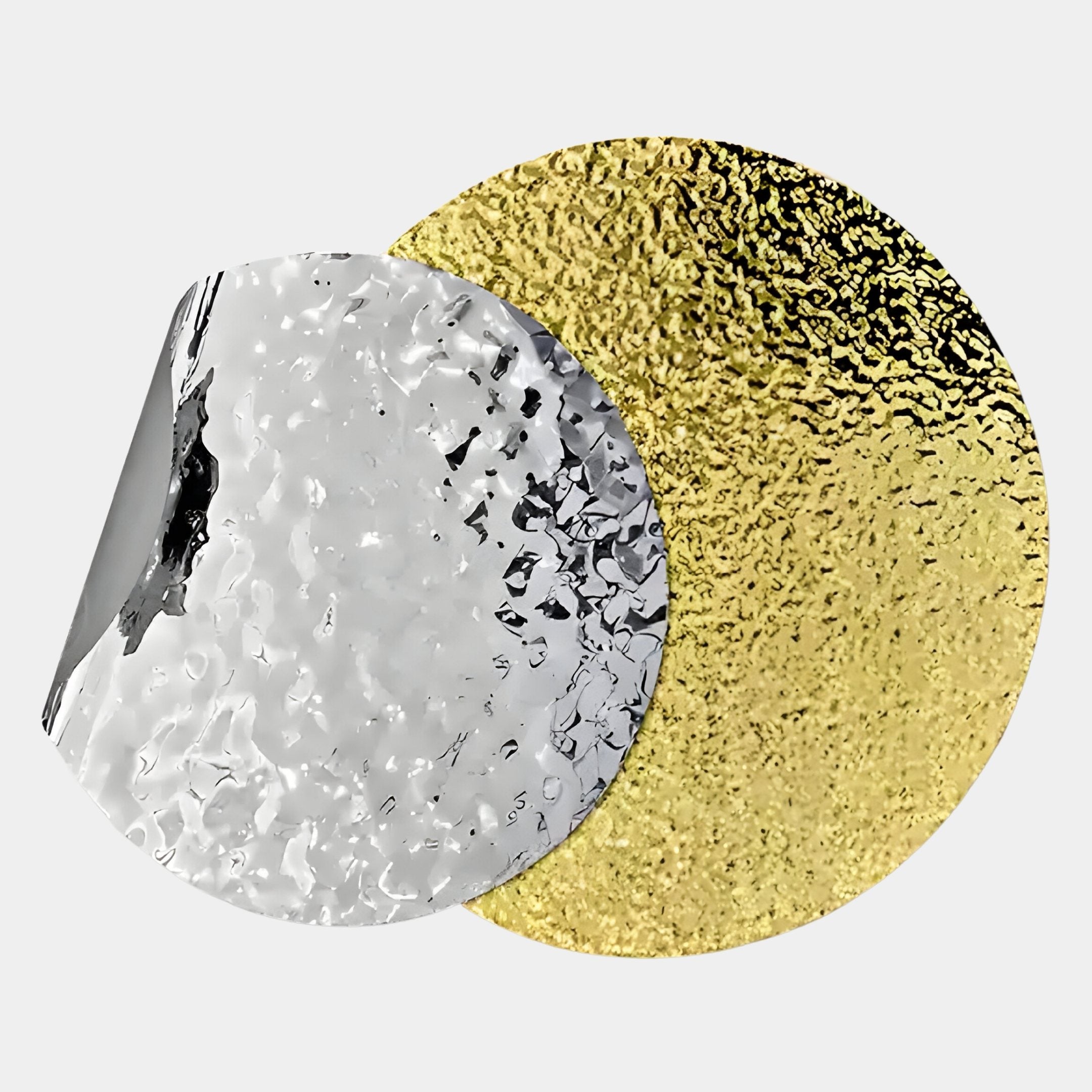 The Metaluxe II Gold & Silver Dual Disc Textured 3D Wall Art by Giant Sculptures features overlapping circular sheets—one reflective silver, one glittery gold—with crinkled, hammered surfaces for contemporary elegance against a white backdrop.
