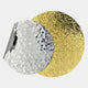 The Metaluxe II Gold & Silver Dual Disc Textured 3D Wall Art by Giant Sculptures features overlapping circular sheets—one reflective silver, one glittery gold—with crinkled, hammered surfaces for contemporary elegance against a white backdrop.