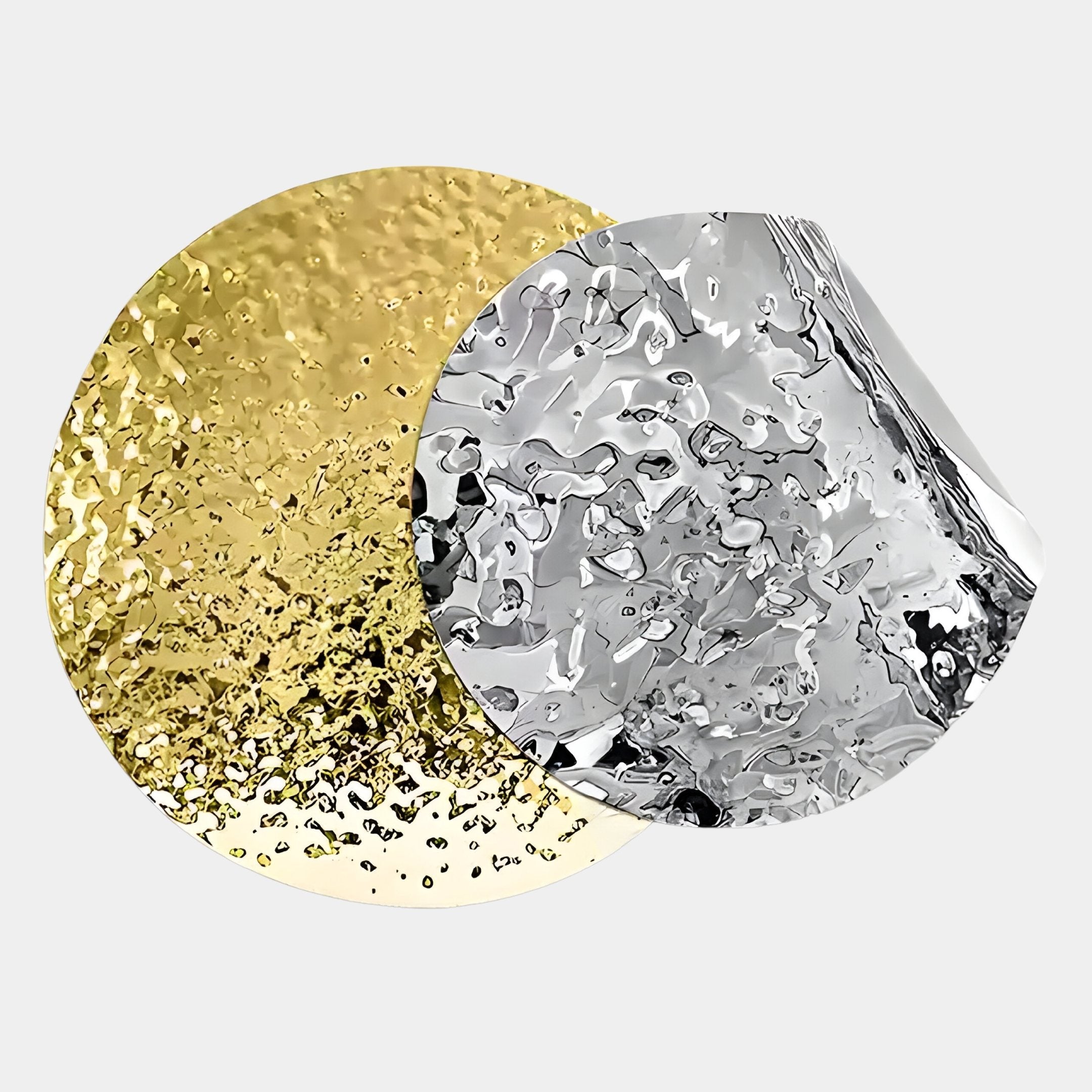 Two textured, round metallic foil sheets—one gold, one silver—overlap in the striking Metaluxe IV Gold & Silver Dual Disc Textured 3D Wall Art by Giant Sculptures, making a bold modern statement against any plain white wall.